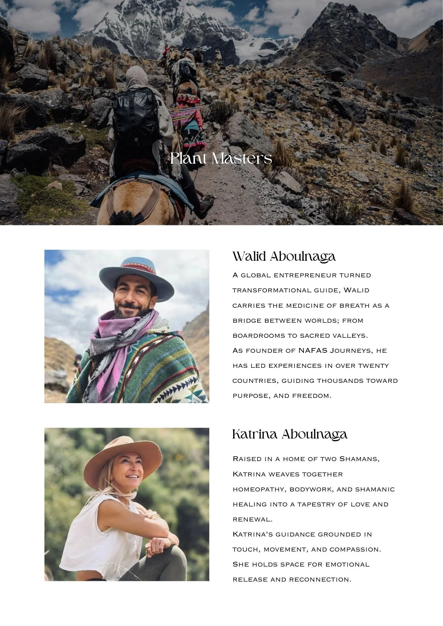 An outdoor scene showing a group of people riding horses on a mountain trail with snow-capped peaks in the background. Below, two profile images of Walid Aboulnega and Katrina Aboulnega with descriptive text about their backgrounds and work.