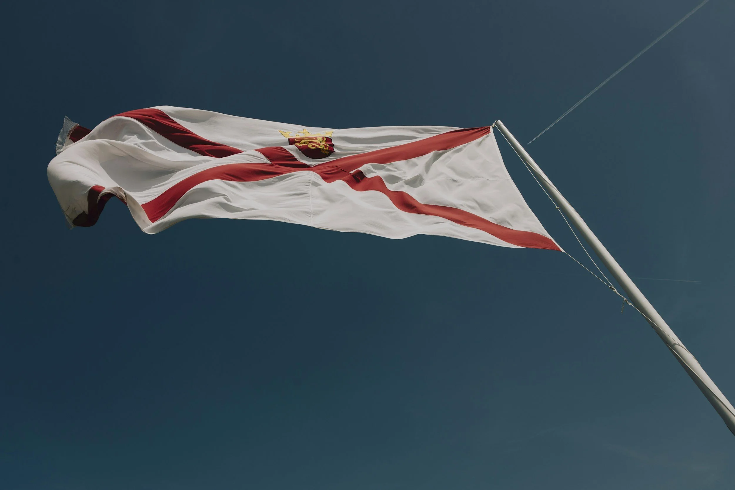 A white flag with red cross and emblem flying on a flagpole against a clear blue sky.