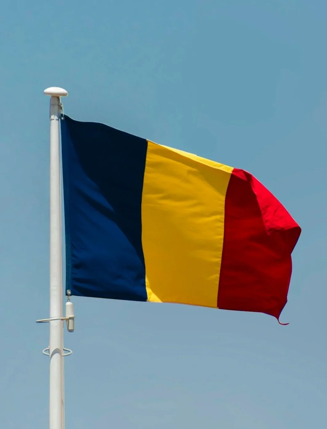 The Belgian flag, consisting of three vertical stripes of black, yellow, and red, flying against a blue sky.
