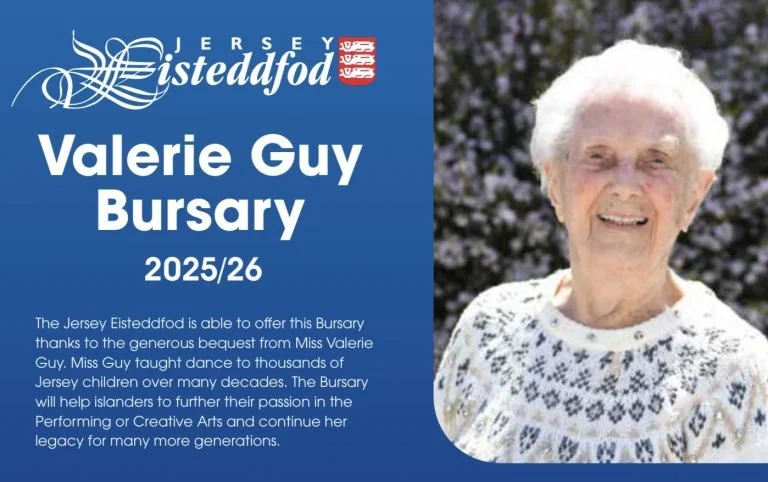 Jersey Eisteddfod award for Valerie Guy Bursary 2025/26, featuring a smiling elderly woman with white hair in a patterned top, and a blue background with text about her contributions to dance and the arts.