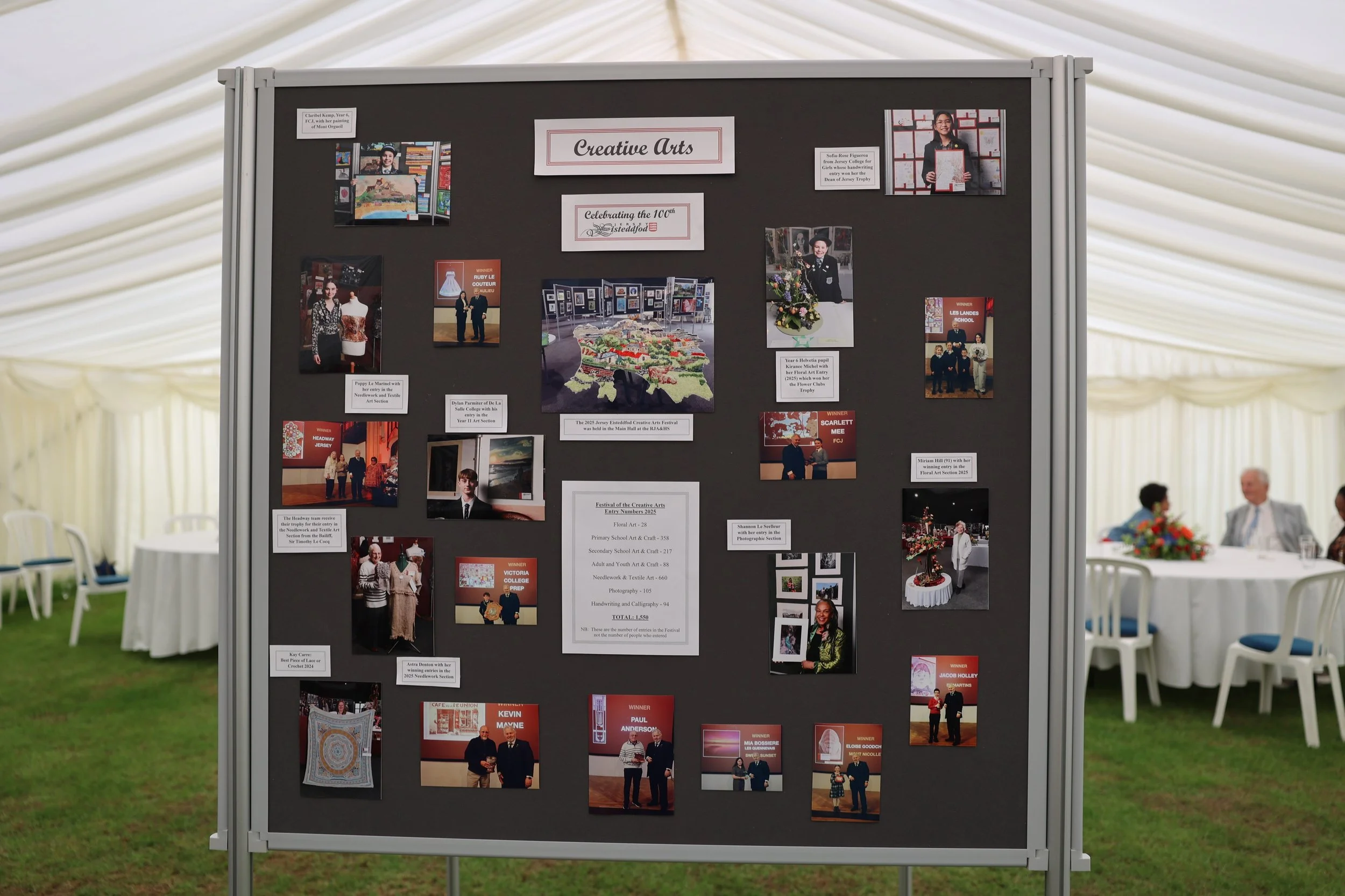 An indoor art exhibit display board titled 'Creative Arts', featuring photographs and descriptions of various art sections and winners, with some people in the background and white chairs around tables.