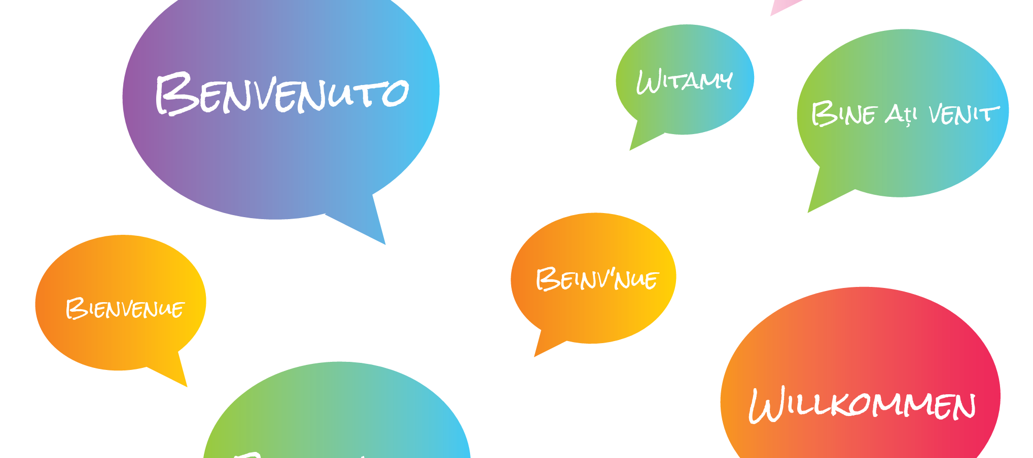 Colorful speech bubbles with the word 'Welcome' in different languages, including Italian, Polish, German, and others.