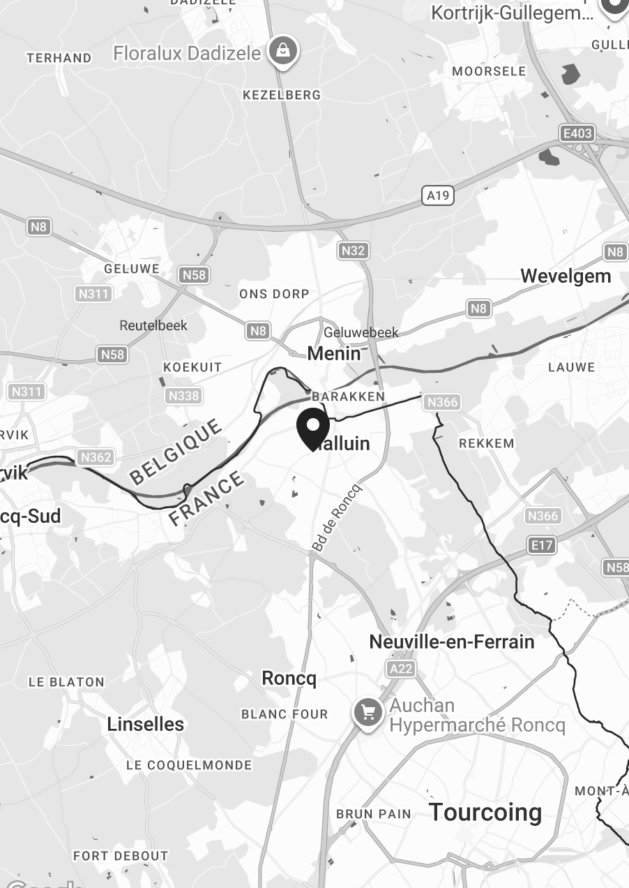 Carte indiquant la frontière entre la Belgique, la France, et la Belgique avec plusieurs villes et routes, y compris Mouscron, Tourcoing, et Roncq.