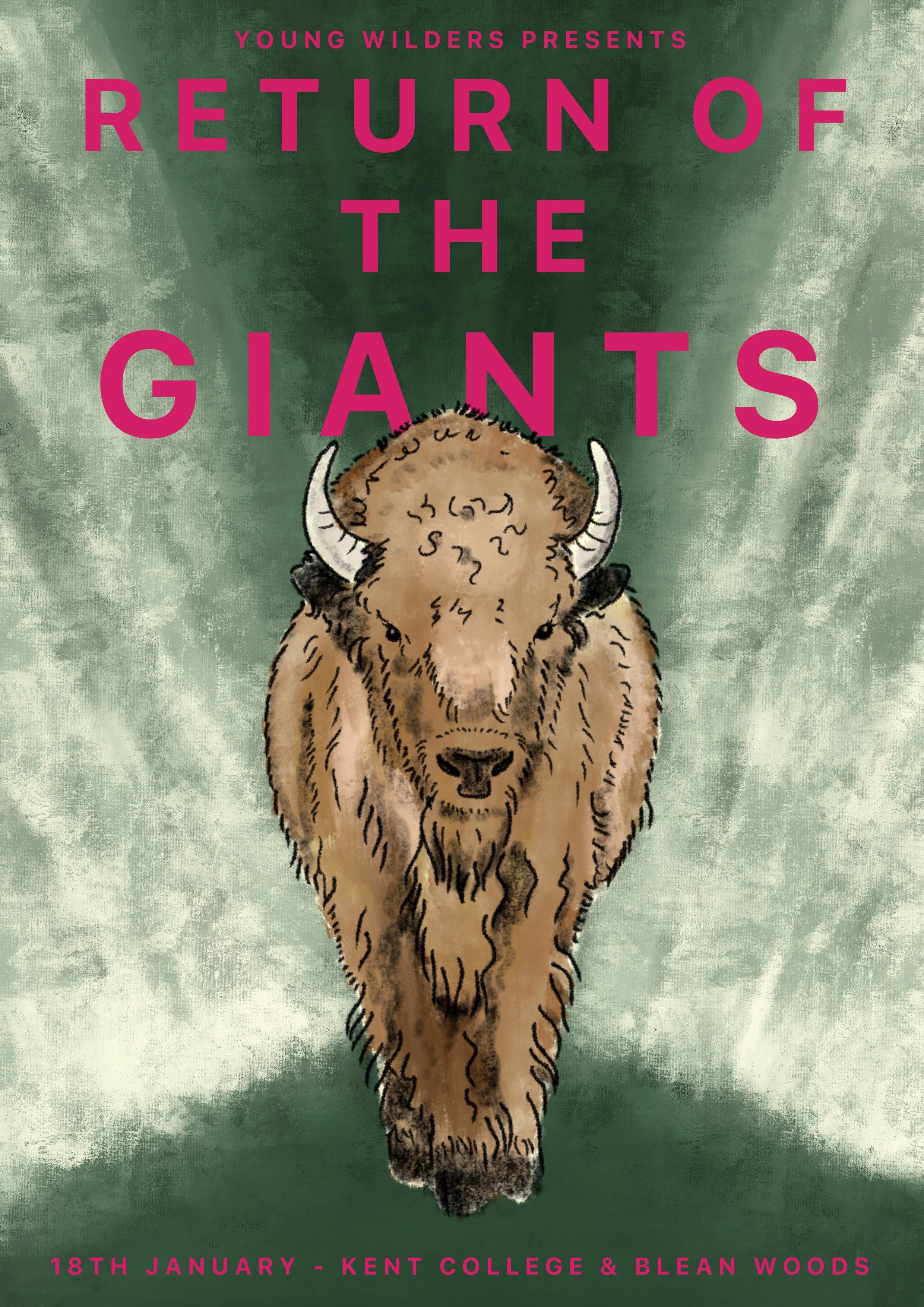 An illustration of a brown bison emerging from the green undergrowth. With the words "return of the giants" in pink writing above it.