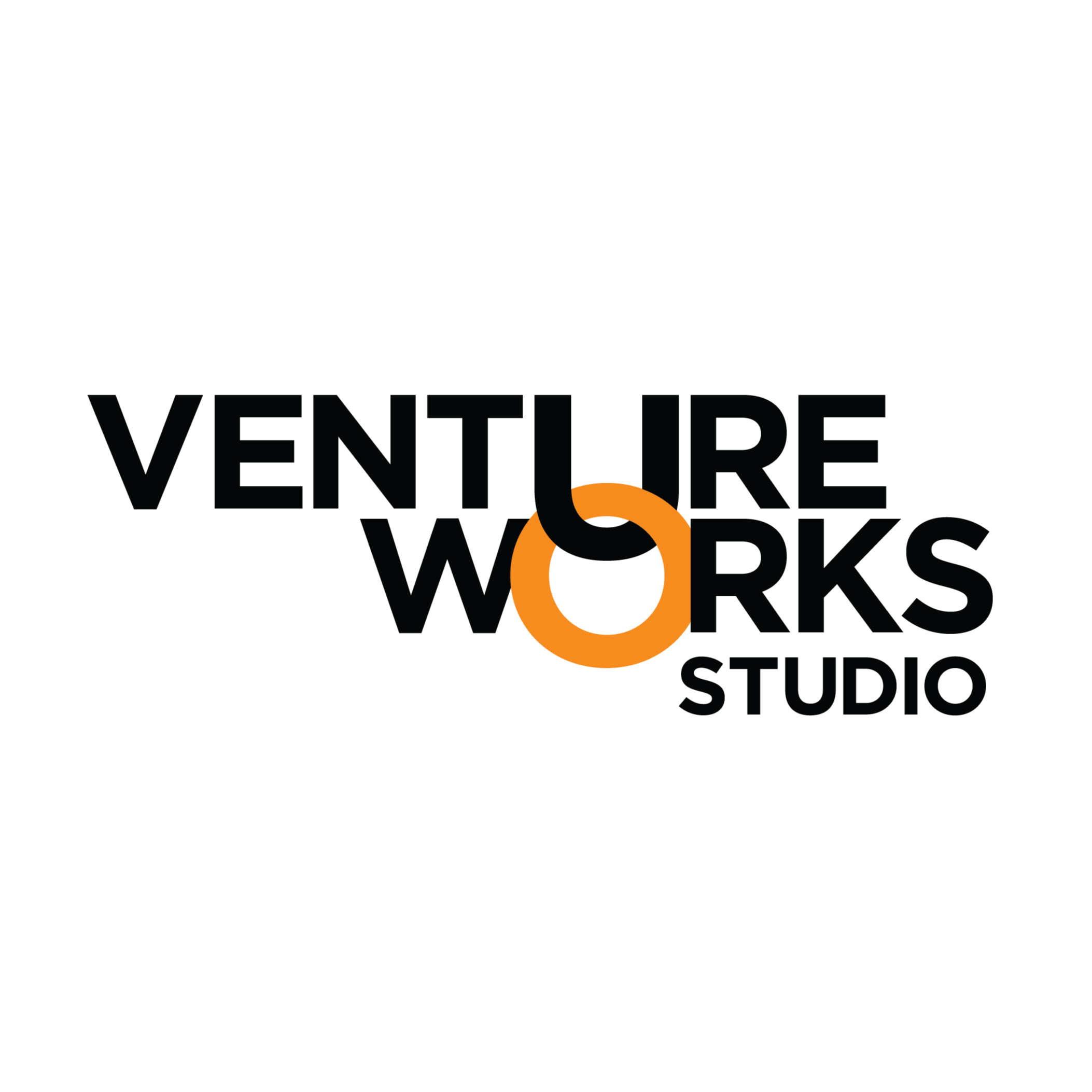 Logo of Venture Works Studio with black text and orange circular design element.