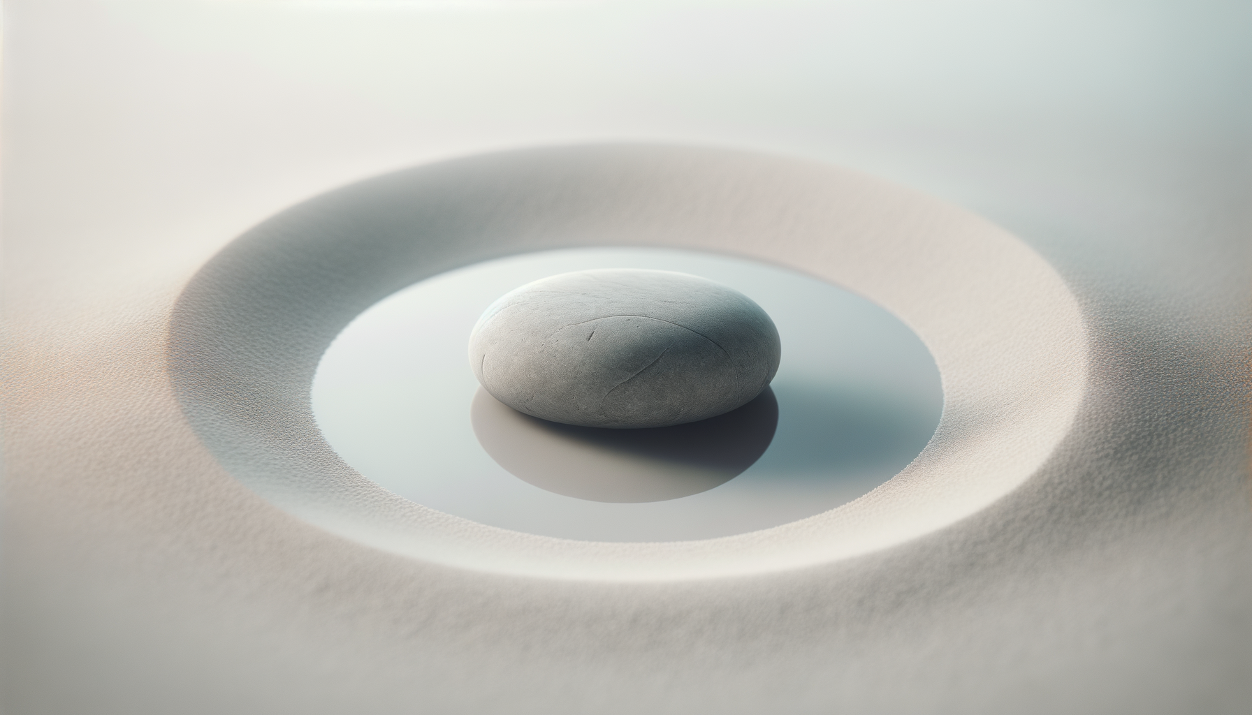 Un caillou gris posé au centre d'une surface blanche, entouré d'un cercle délimité par une texture qui contrastant avec la surface lisse, dans une ambiance lumineuse et douce.