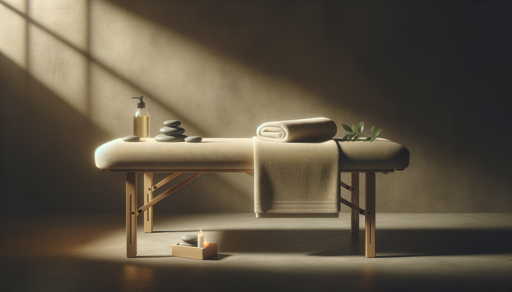 Une table de massage avec serviette, pierre et bougie dans un environnement calme et éclairé par la lumière naturelle.