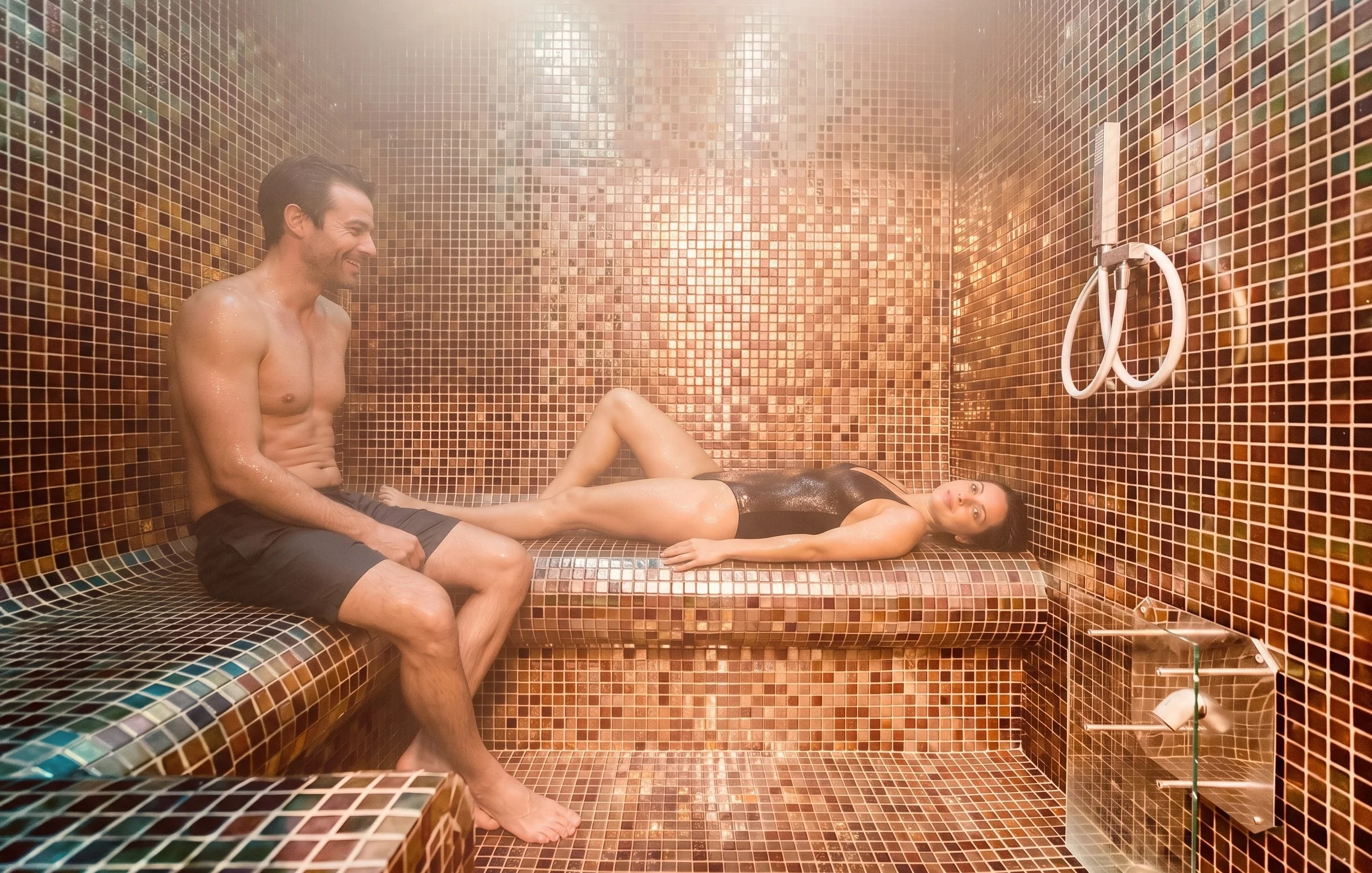Couple relaxing in the private hammam at Cocooning Spa, near the Arc de Triomphe