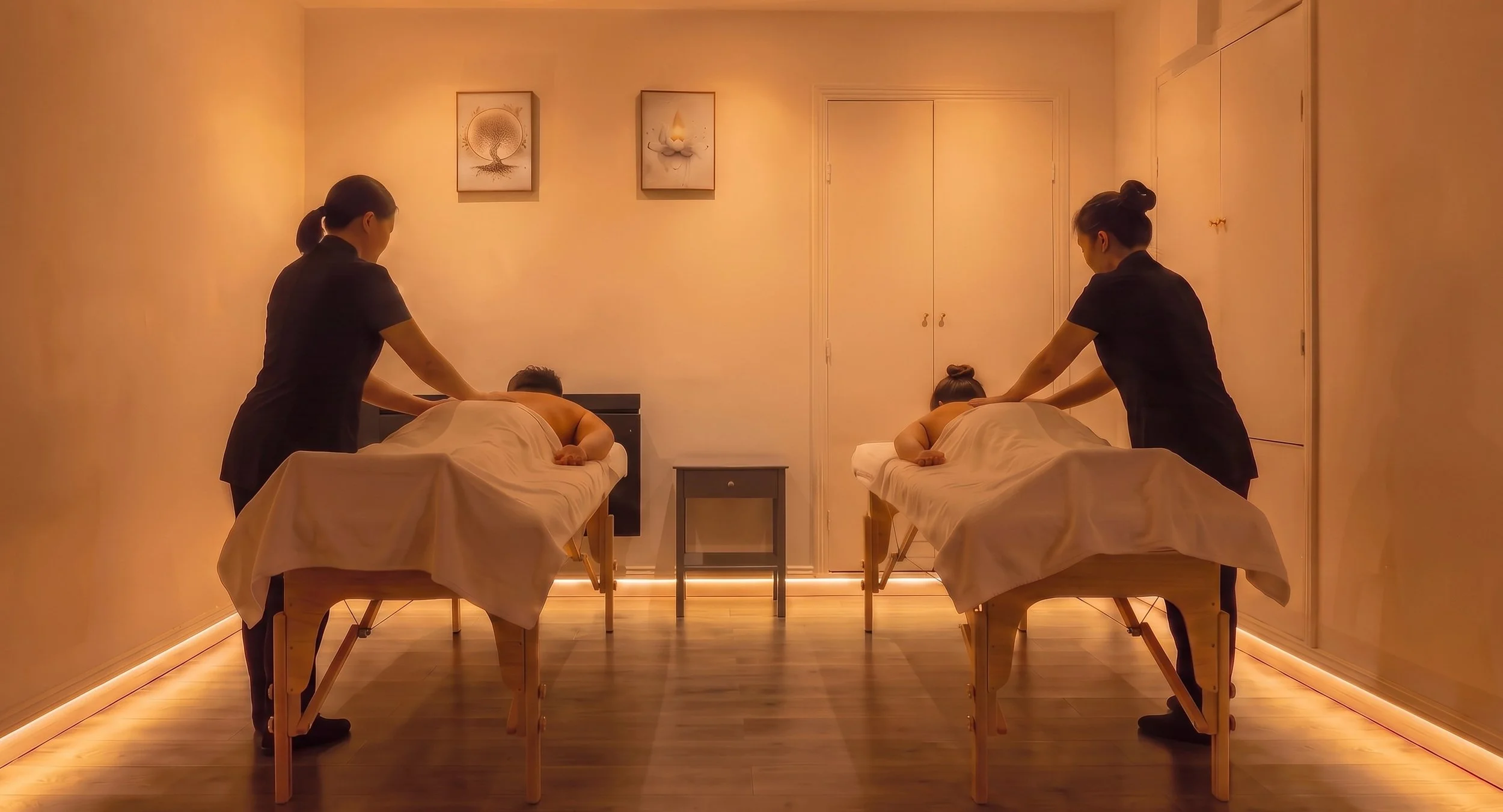 Duo massage at the Cocooning Spa, Paris 17: two therapists, two heated tables in a private room.