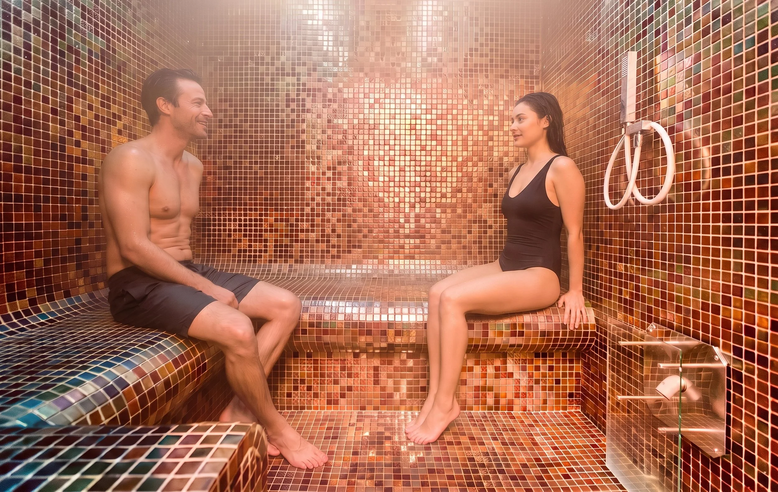 Couple assis dans le hammam privatif du Cocooning Spa Paris 17