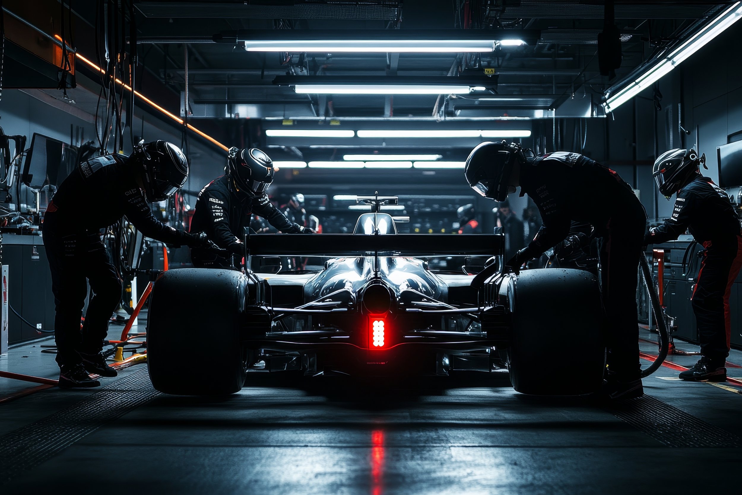 Formula 1 race car in a garage with team members working on it, illuminated by overhead lights.