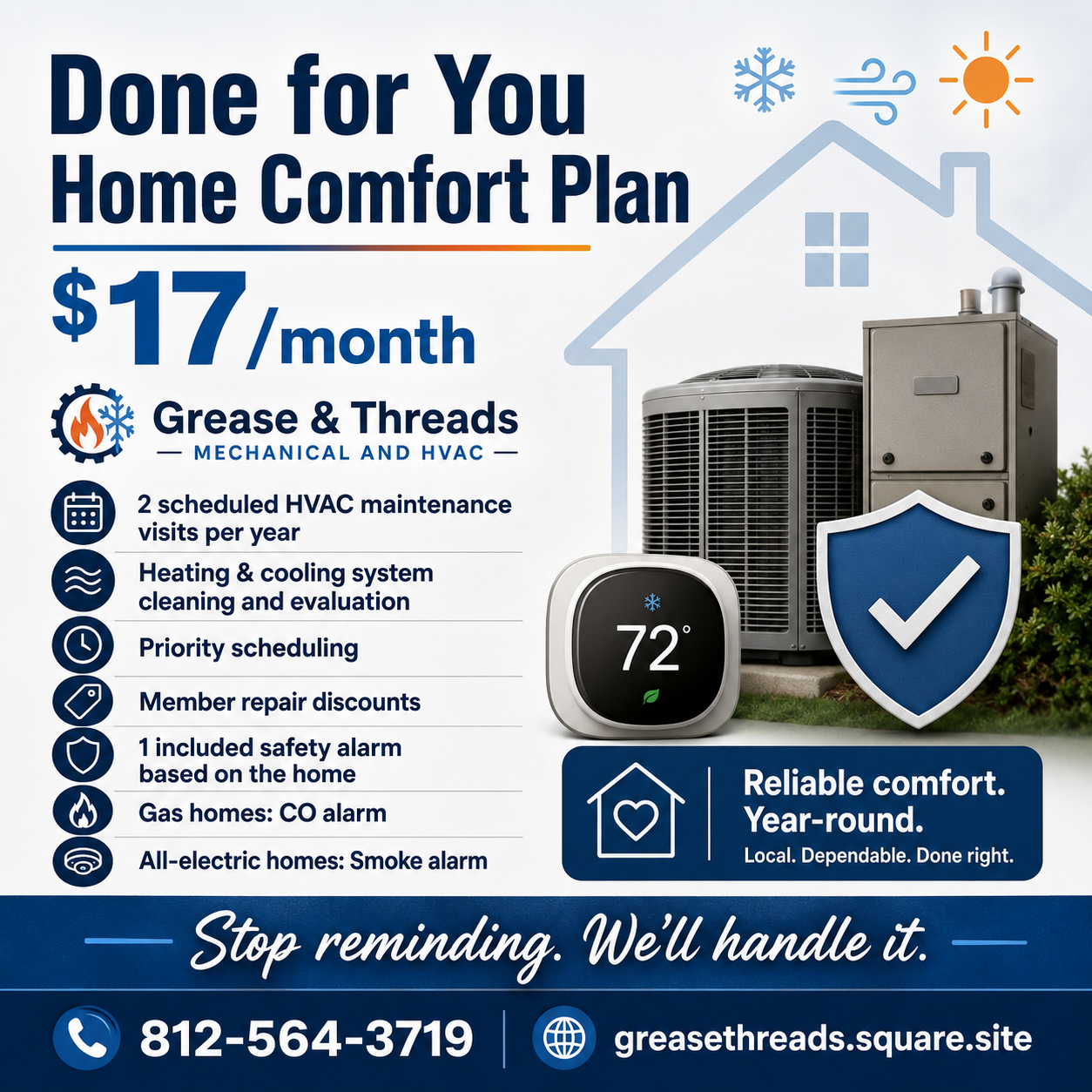 Advertisement for Grease & Threads Mechanical and HVAC home comfort plan, $17 per month. Features include scheduled HVAC maintenance, heating and cooling system evaluation, priority scheduling, member discounts, safety alarms, and smoke alarms. The ad highlights reliable year-round comfort, with images of HVAC equipment, a thermostat showing 72 degrees, and icons representing winter, wind, and sun.