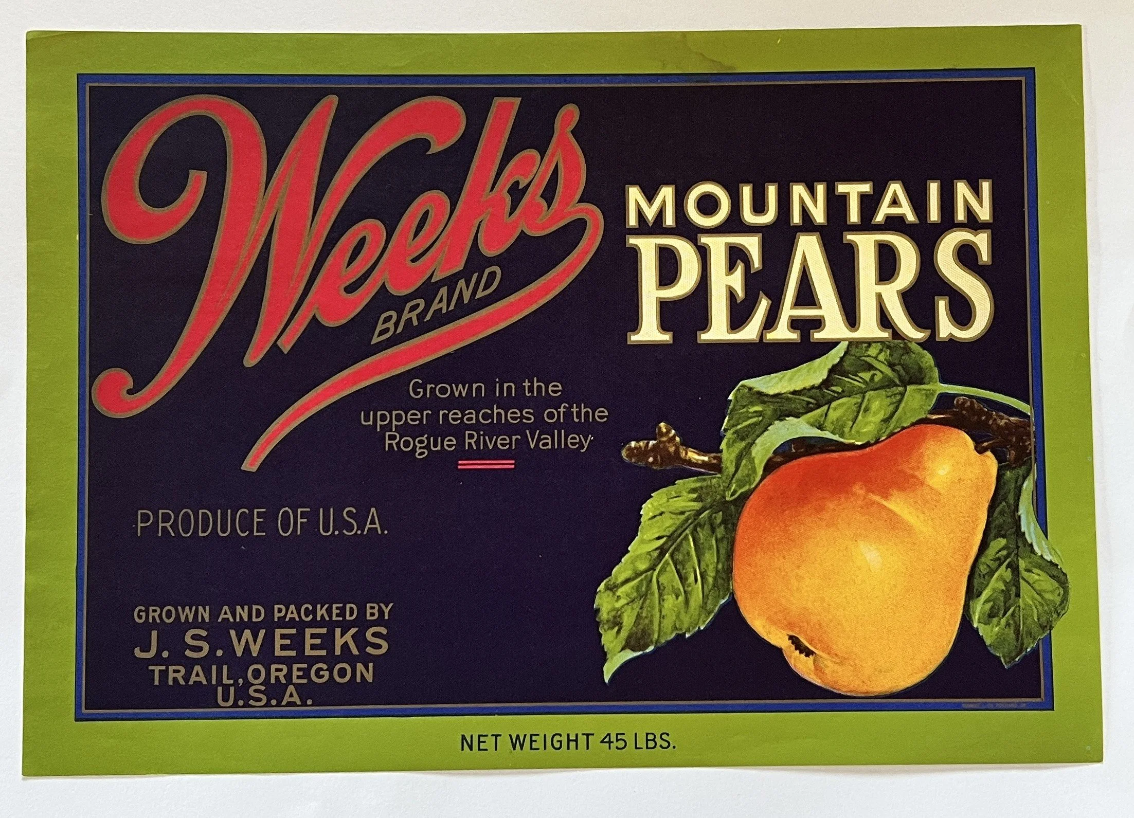 Vintage Weeks Brand Mountain Pears Crate Label
