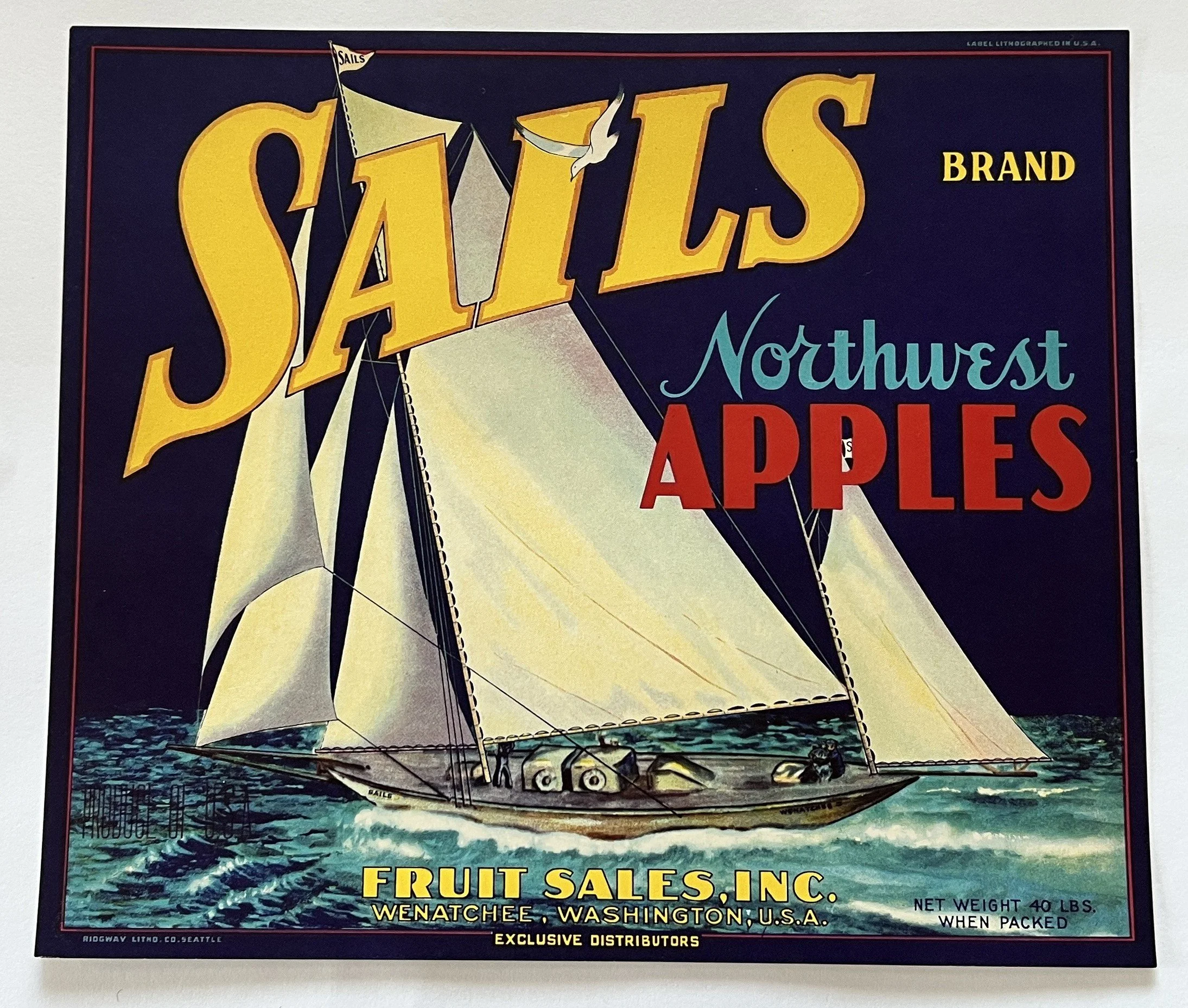 Vintage 1930s Sails Brand Northwest Wenatchee Apples Crate Label