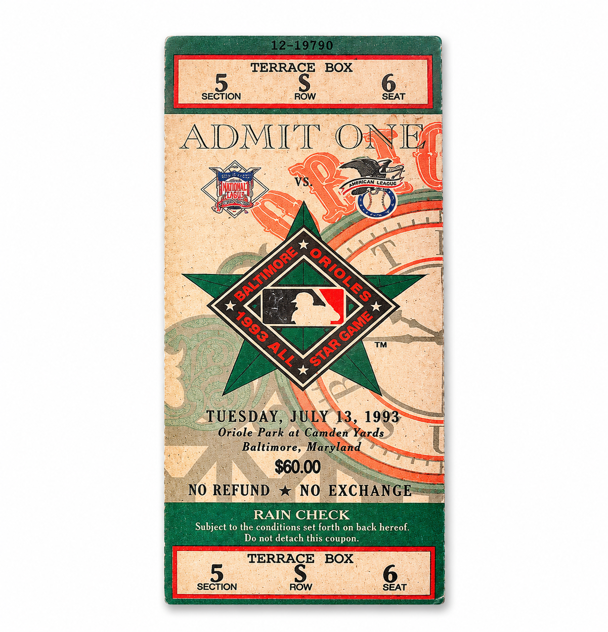 1993 MLB All-Star Game Full Ticket – Orioles Park at Camden Yards – Baltimore – July 13, 1993