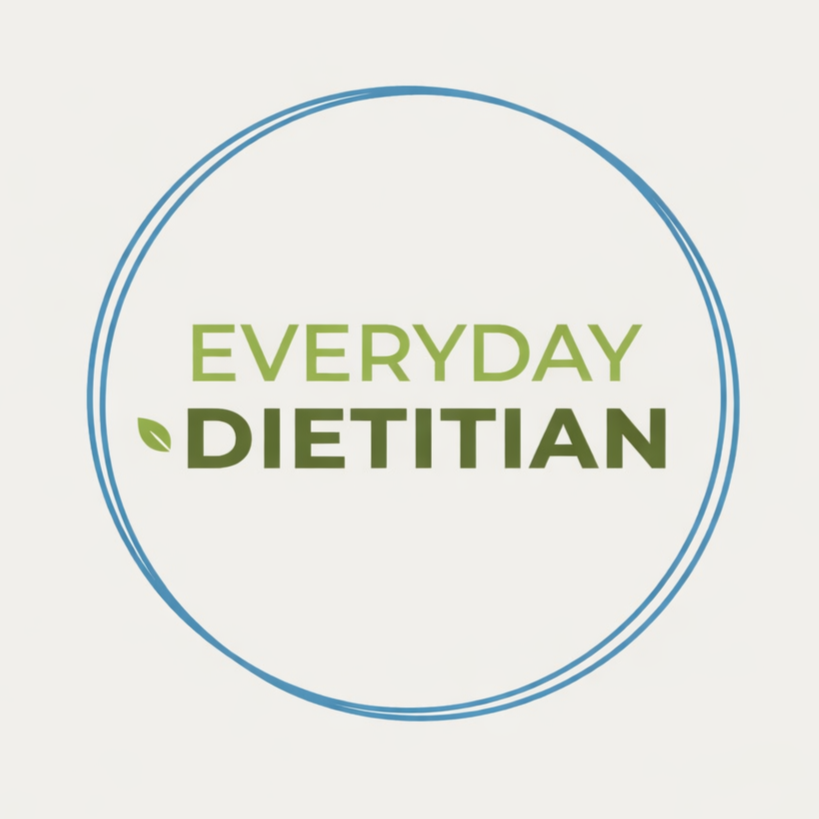 Logo with the text "Everyday Dietitian" inside a circular blue border, with a small leaf design on the letter "L".