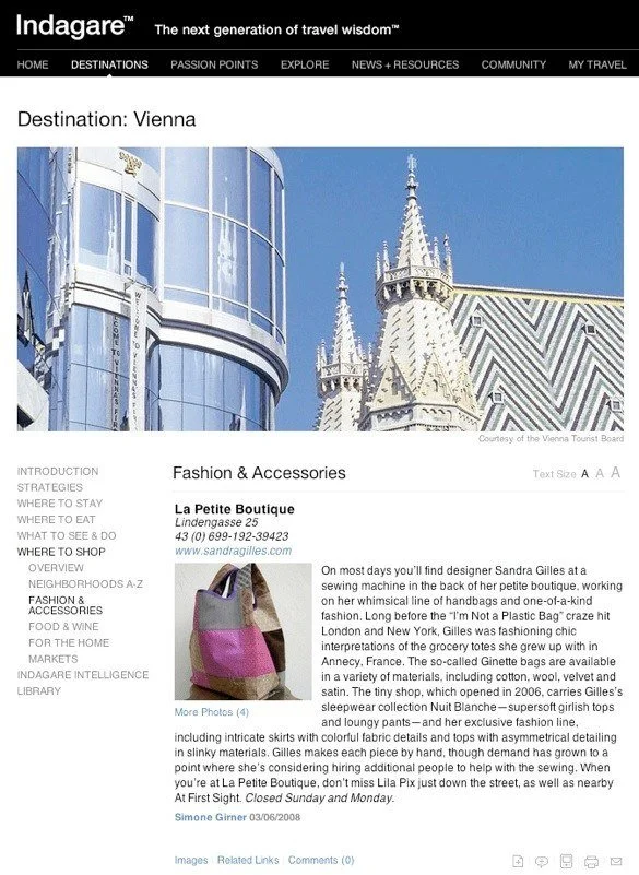 Webseite der Indagare mit Reiseziel Wien, Mode- und Accessoire-Betrieb von Sandra Gilles, darunter ein Bild einer pink-lila Tasche.
