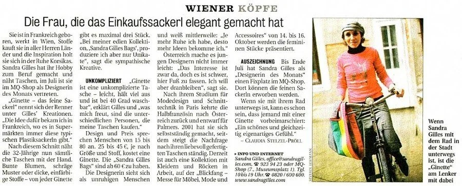 a magazine article featuring a woman named Sandra Gilles, who is dressed in colorful clothing and riding a bicycle on a city street