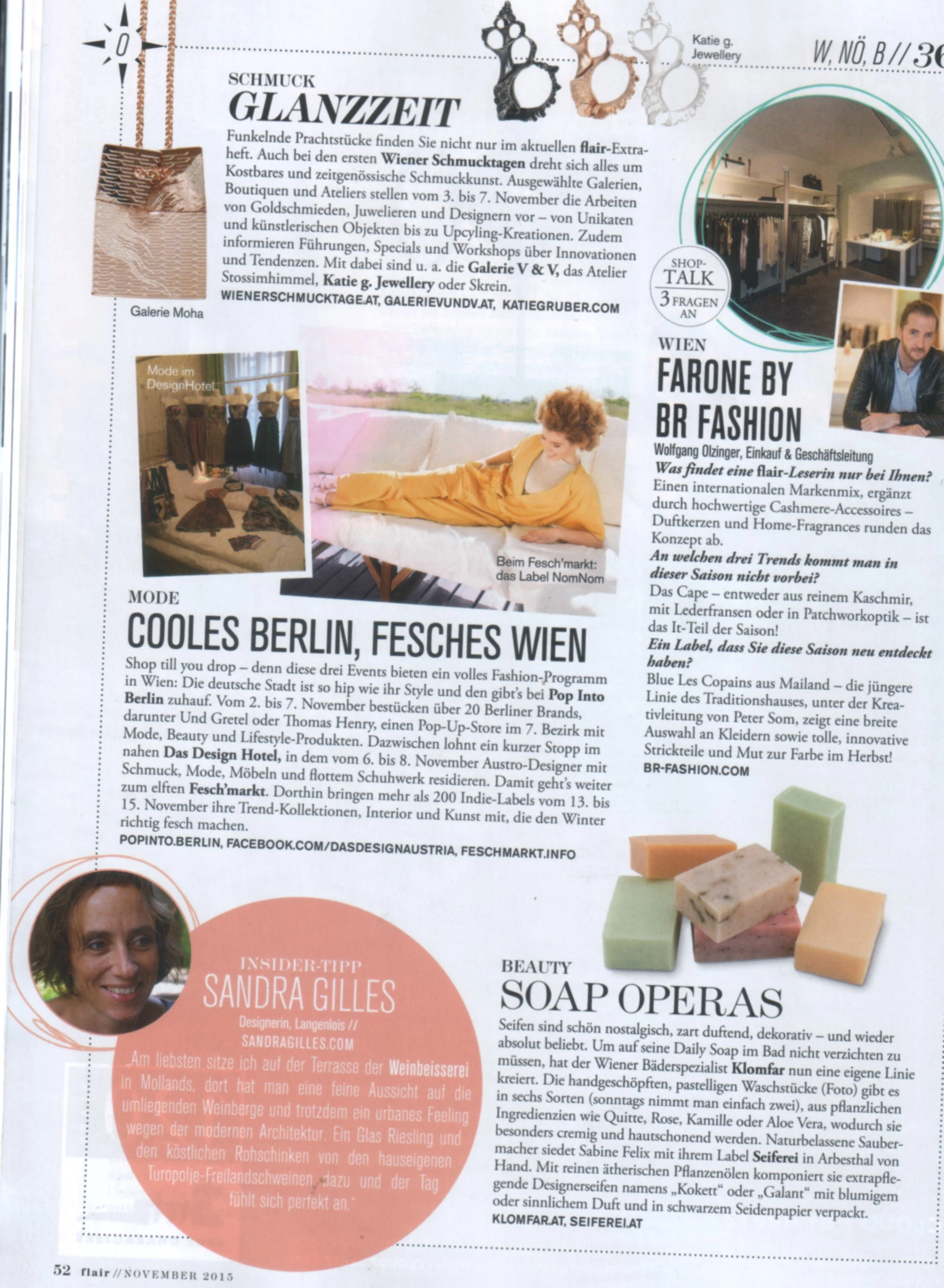 Eine Seite aus einer Zeitschrift mit Artikeln über Mode, Schmuck, Kosmetik und Soap Operas, einschließlich Bilder von Models, beliebten Seifenstücken und einer Person, die im Bett liegt.