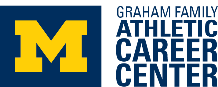 Logo of the Graham Family Athletic Career Center featuring a large yellow 'M' on a blue background and text in blue reading 'Graham Family Athletic Career Center'.