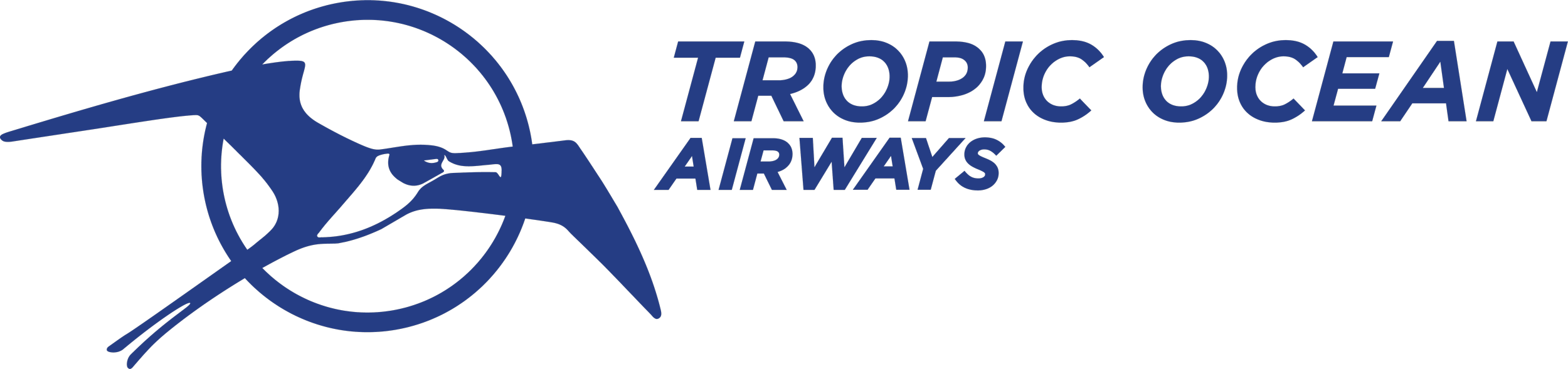 Logo for Tropic Ocean Airways featuring a stylized bird in blue and the company name.