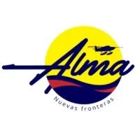 Alma logo with a yellow circle, a helicopter silhouette, and text 'Alma' and 'Nuevas fronteras'.