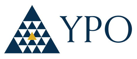 YPO logo featuring a large blue triangle made of smaller blue triangles with a yellow triangle in the center, and the letters YPO to the right.