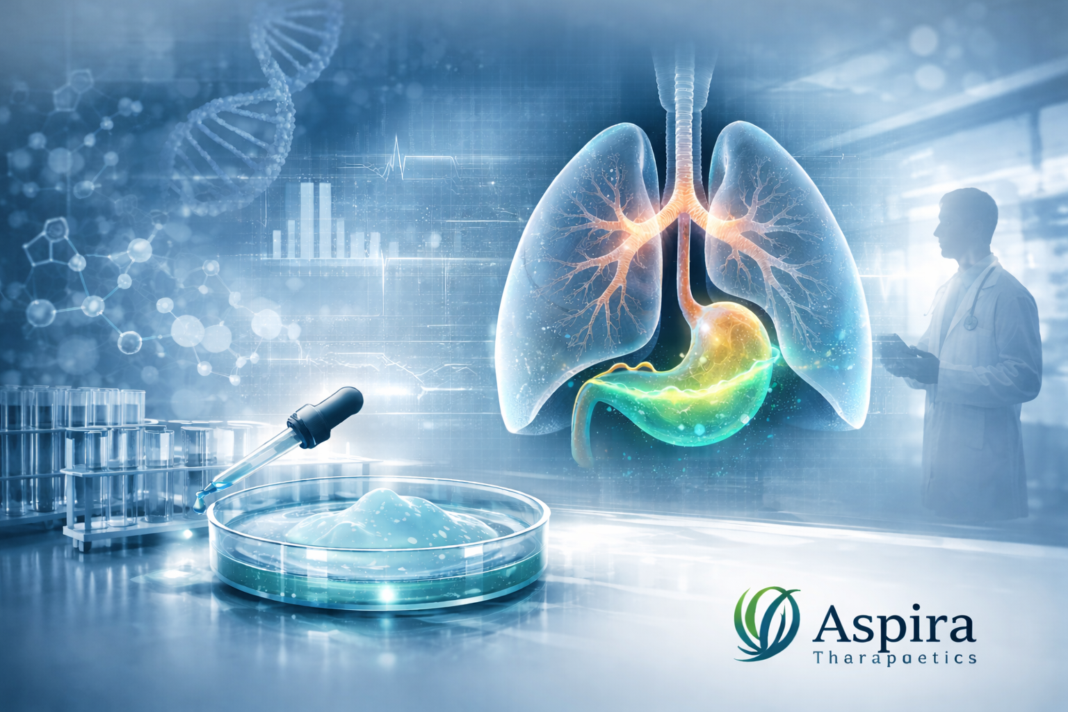 A digital illustration of human lungs and stomach with medical data and DNA strands in the background, featuring a scientist in a lab coat and the Aspira Tharapectics logo.