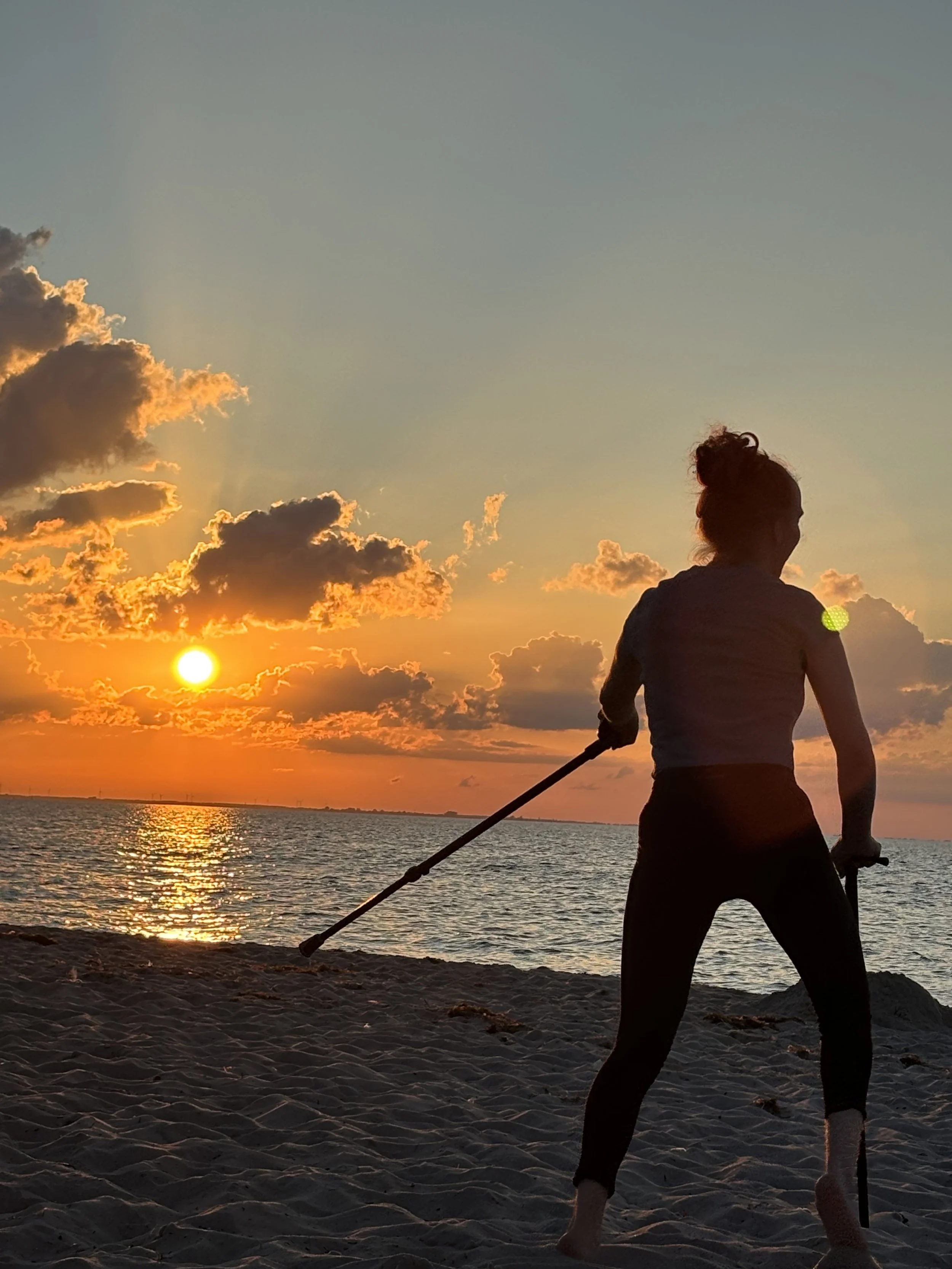 Eine silhouettierte Frau, die mit einem Metalldetektor an einem Strand bei Sonnenuntergang sucht, während die Sonne sich über dem Wasser im Hintergrund abzeichnet.