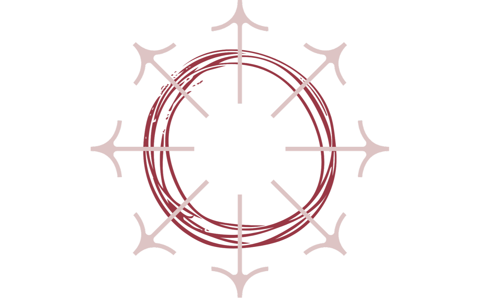 Ein abstraktes Design mit einem schwarzen Hintergrund, eine zentrale rote kreisförmige Struktur, umgeben von zehn weißen, stilisierten Pfeilen, die nach außen gerichtet sind.