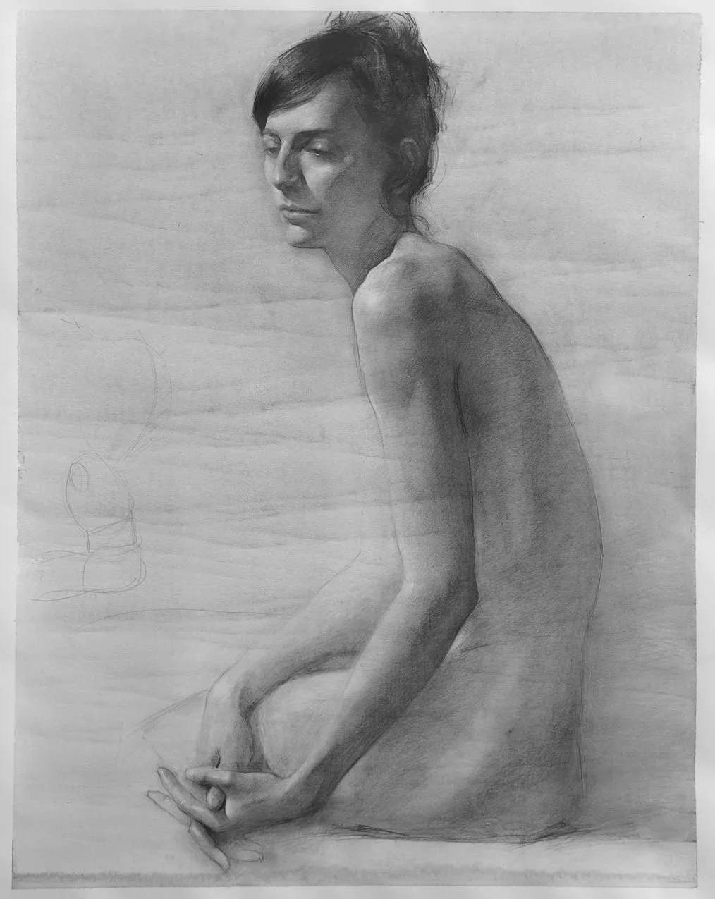 A detailed pencil drawing of a woman sitting with her body turned to the side, head slightly tilted, and eyes closed or looking down. She has short, dark hair and appears to be nude from the waist up, with visible shading that emphasizes her facial f