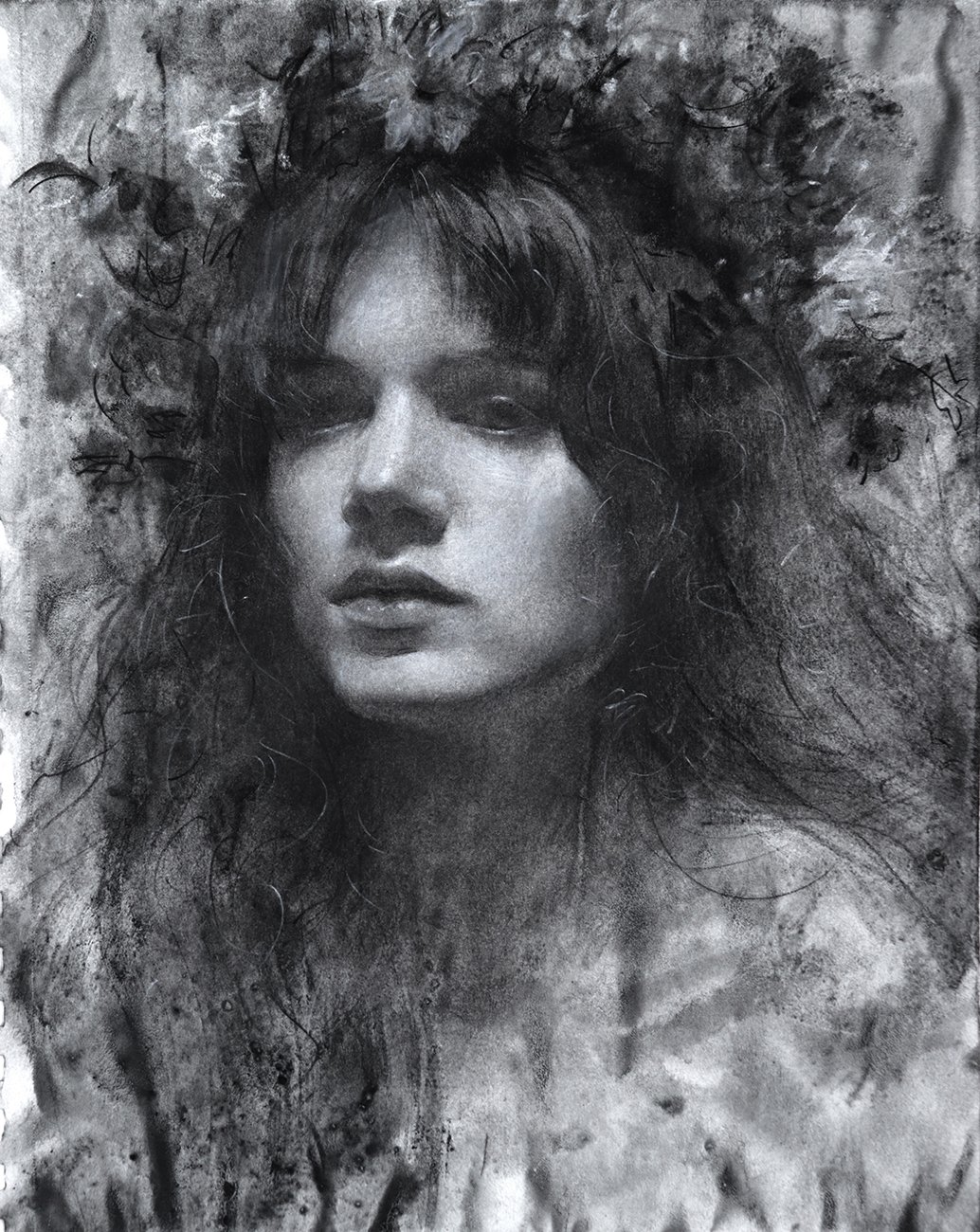 Black and white portrait of a woman with wavy hair and a serious expression, surrounded by textured background with abstract dark markings.