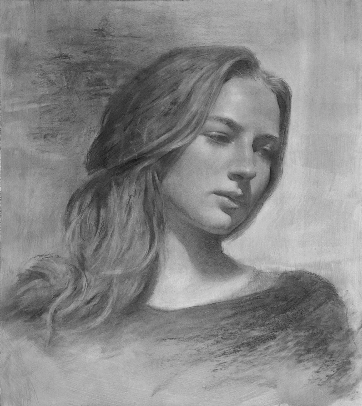 Black and white pencil sketch of a woman with long wavy hair, looking slightly to the side with a contemplative expression.