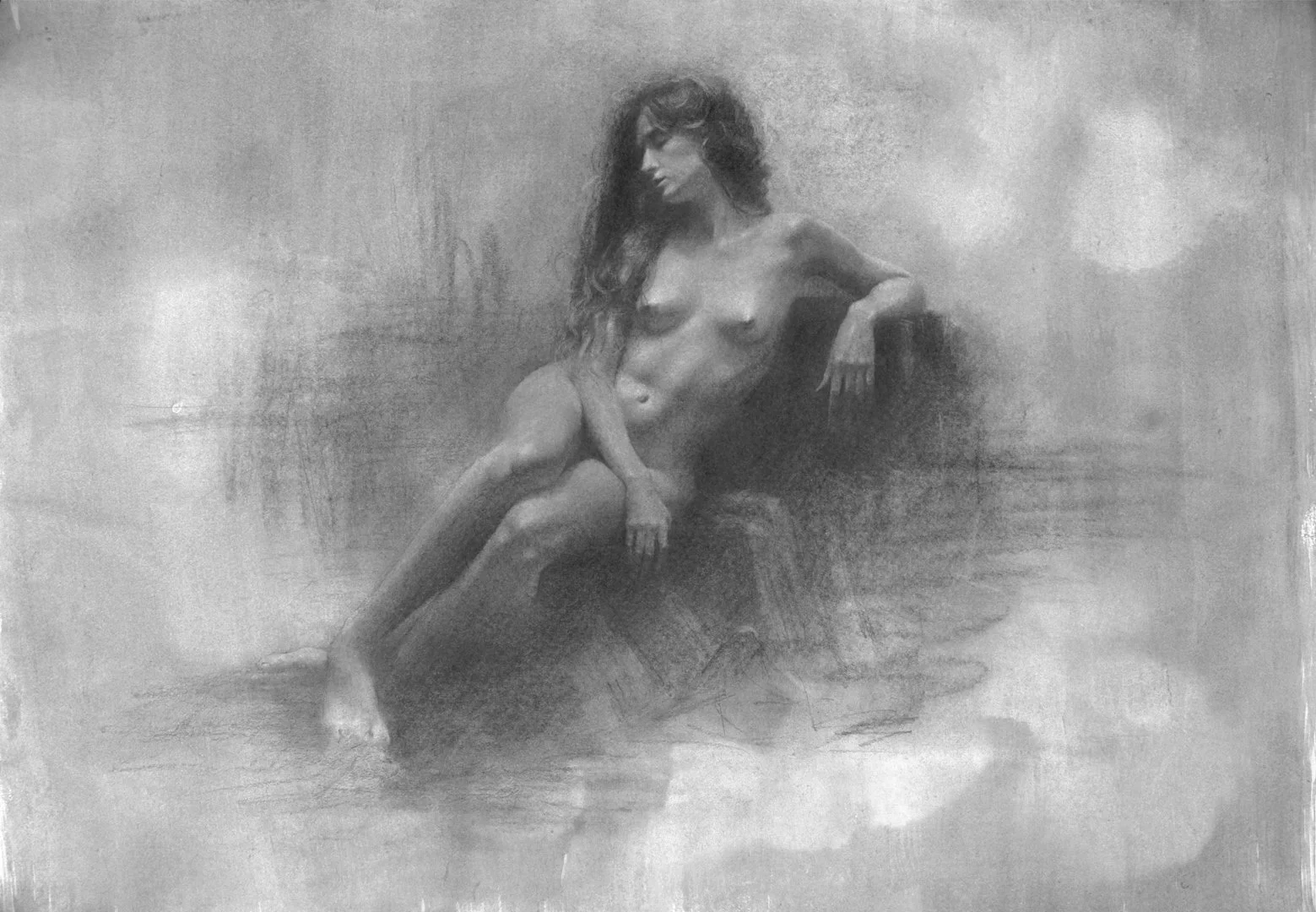 A black and white sketch of a nude woman with long, wavy hair, sitting on a bench or box, with her eyes closed and head tilted to one side. The background is abstract and foggy.