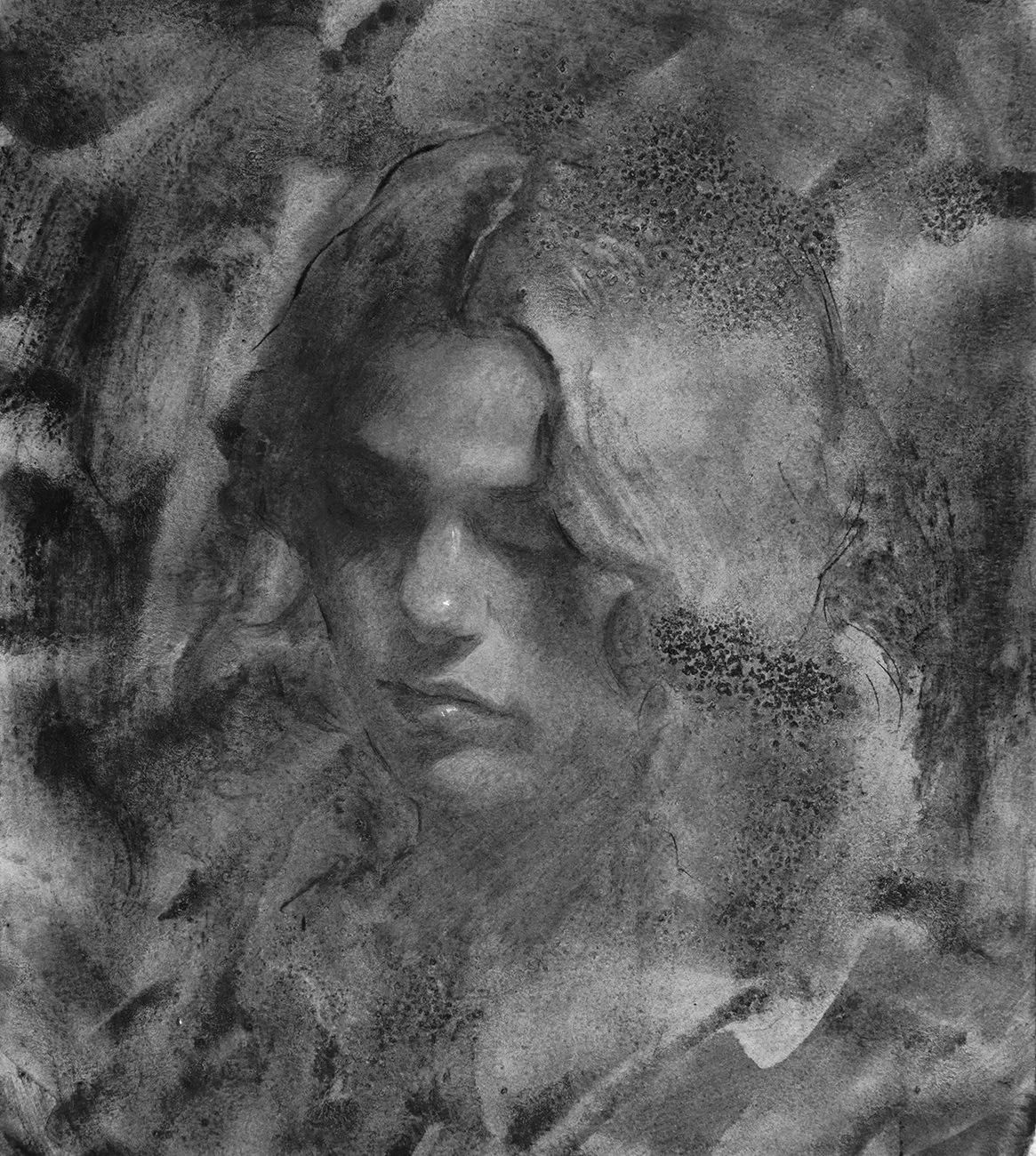 Black and white artistic portrait of a woman with closed eyes and wavy hair, surrounded by abstract textured backgrounds.