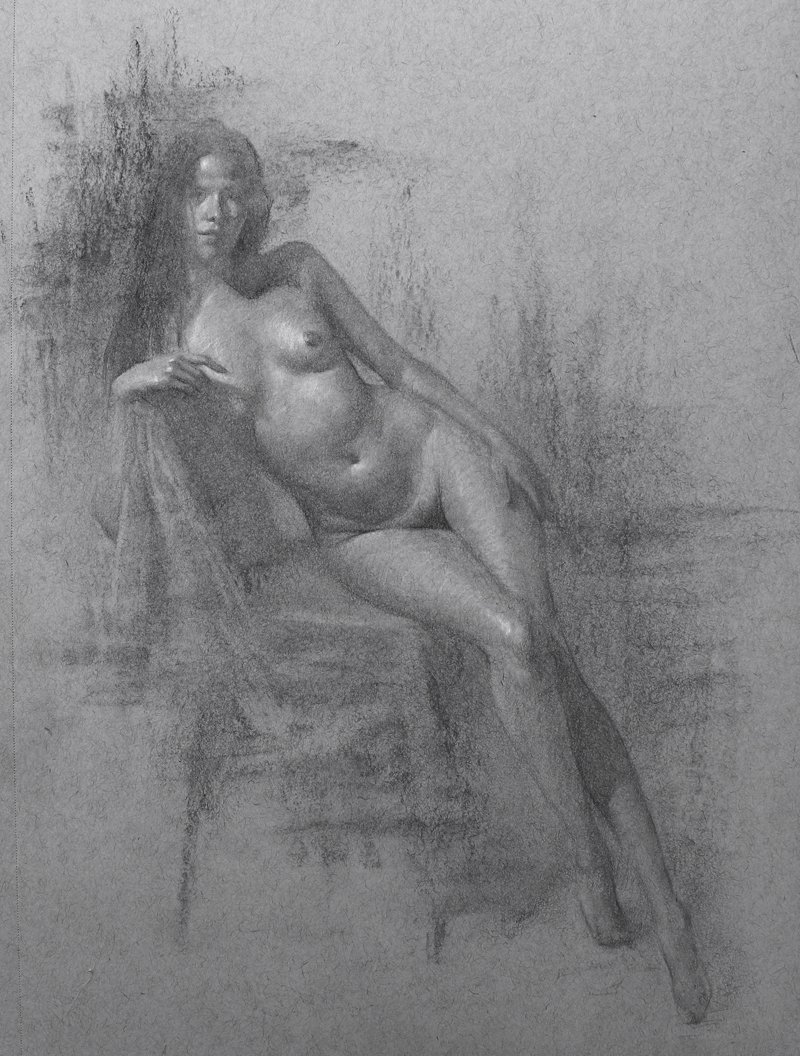 A grayscale sketch of a nude woman with long hair, sitting on a chair, with one arm resting on the back and the other on her lap, in a relaxed pose.