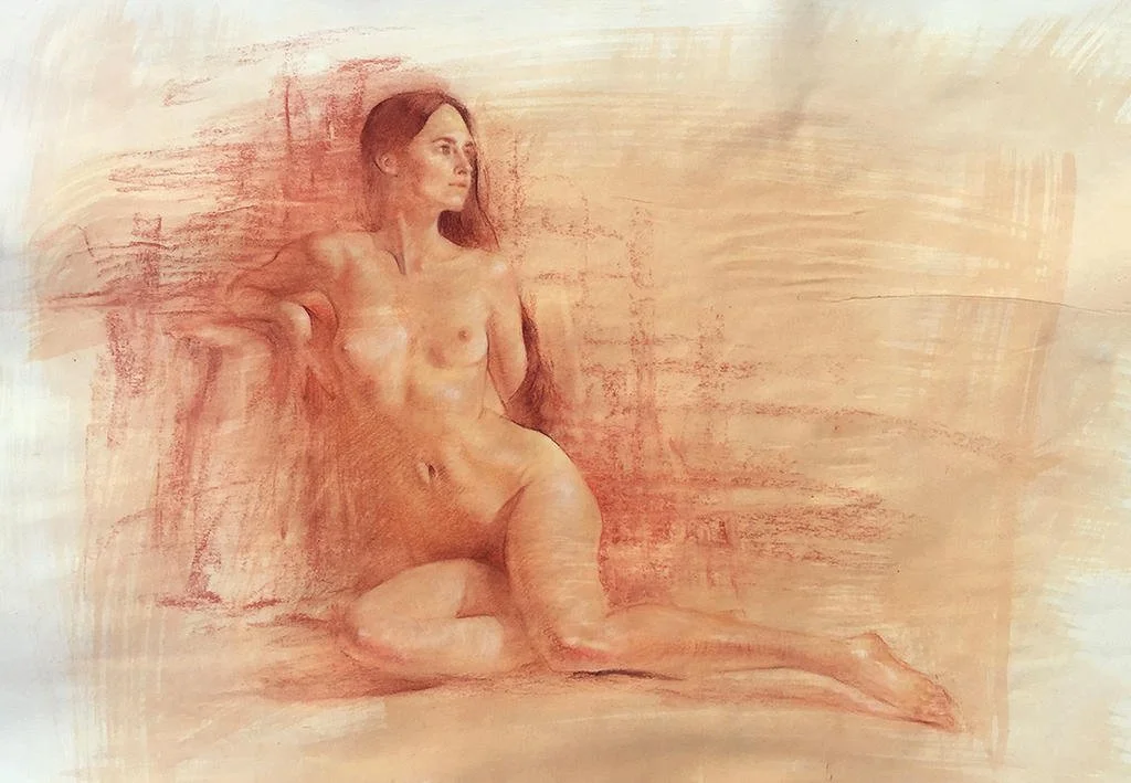 A realistic drawing of a nude woman sitting on the ground with her back against a wall, one arm resting on her knee and long hair falling over her shoulder, rendered in warm tones.
