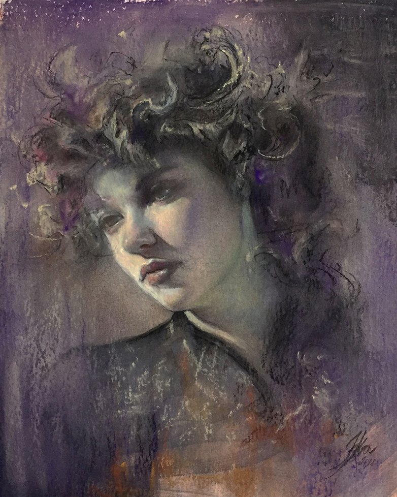 A portrait of a young woman with curly hair, painted with soft, muted colors and a dreamy expression.