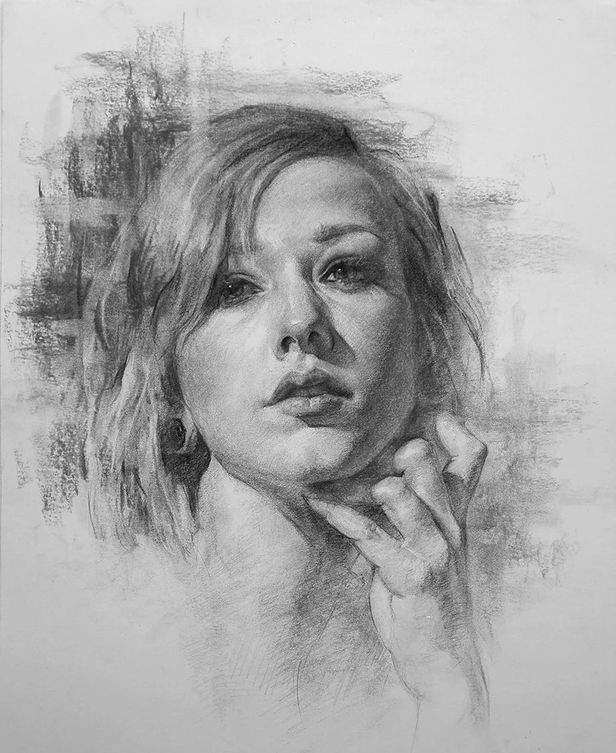 Pencil sketch of a woman with wavy hair, looking thoughtfully with her hand near her chin.