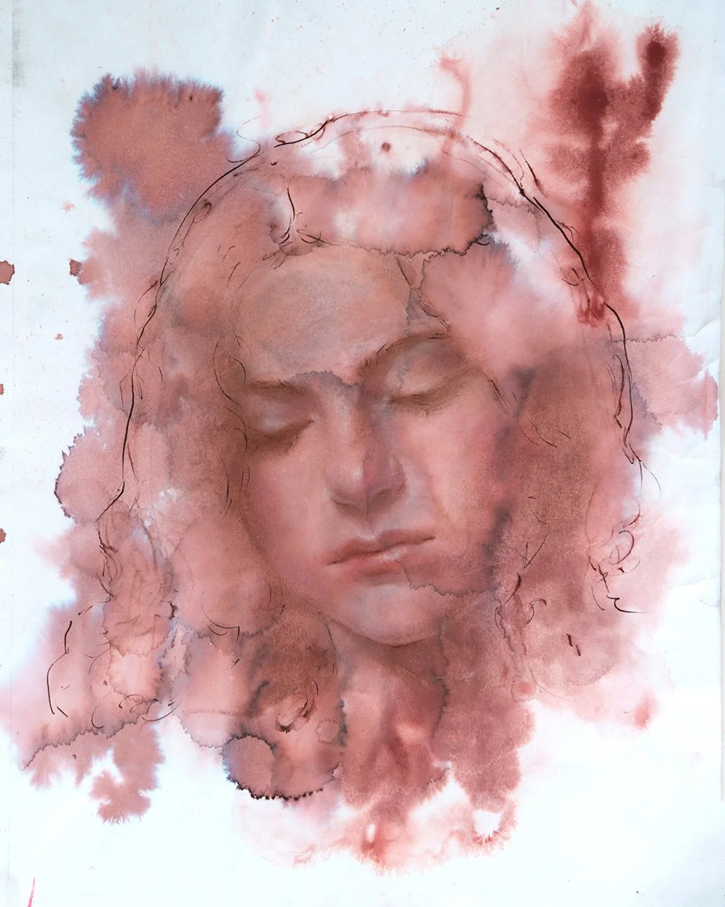 A watercolor painting of a woman with closed eyes and wavy hair, blending into a pink and brown abstract background.