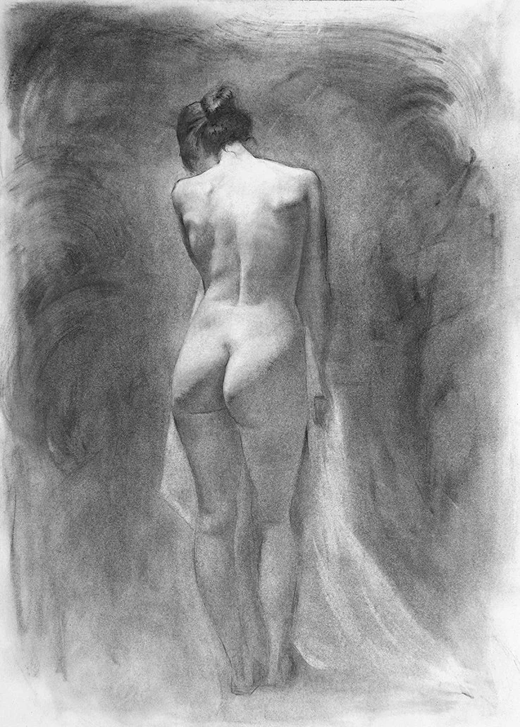 A grayscale drawing of a nude woman seen from the back, walking away.