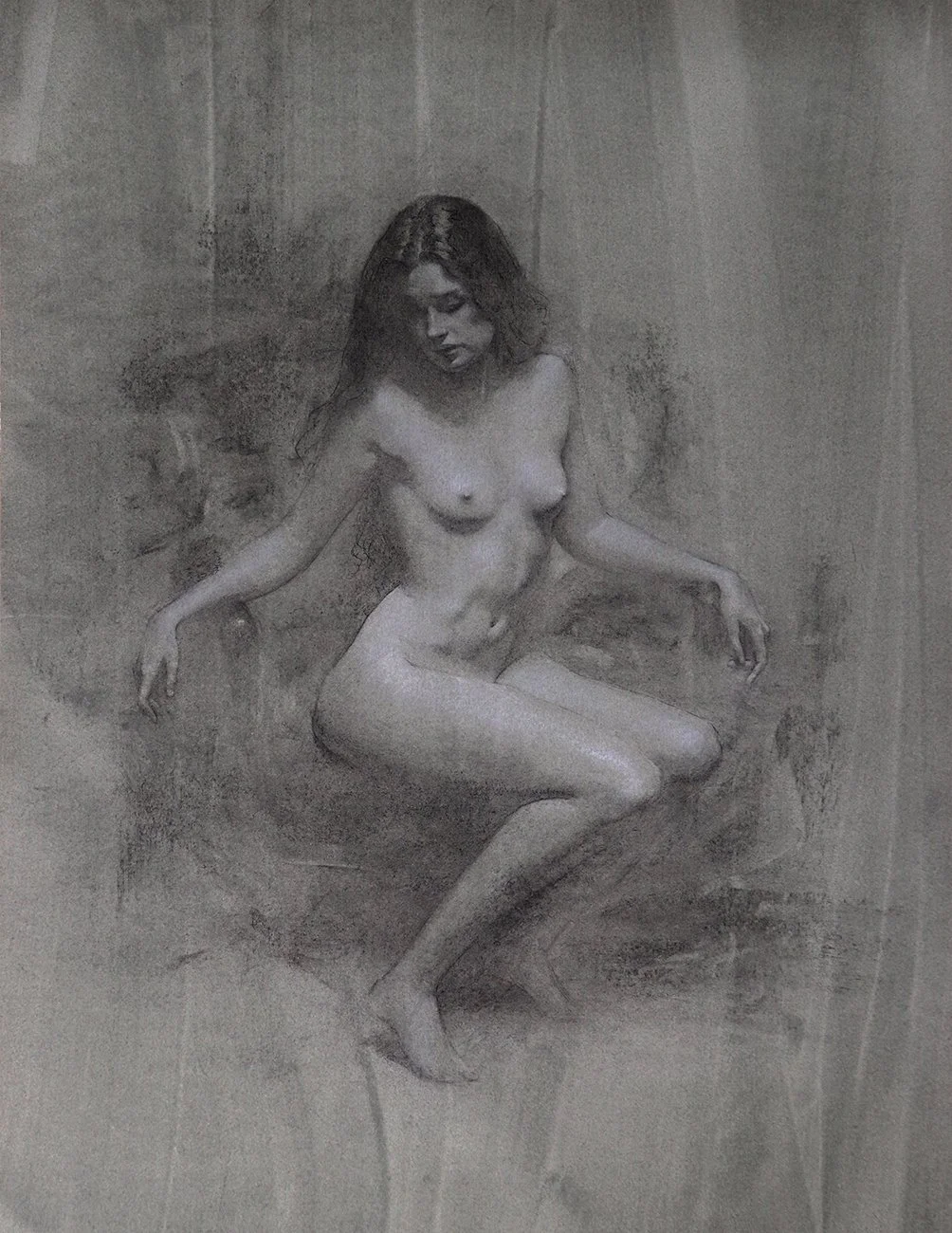 A realistic grayscale drawing of a nude woman with long hair, seated on a chair with her legs crossed and arms resting on the sides, looking downward, against a textured background.
