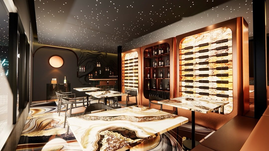 BISTRO X JOSH
&ldquo;Casual Fine Dining and Experience&rdquo;

This interior design project captures the essence of the universe through a balance of dark, mysterious elements and warm, luxurious details. The star-like ceiling creates an immediate ce