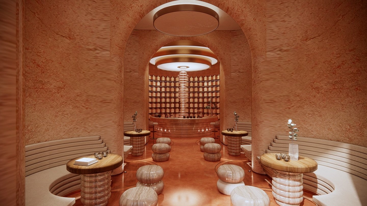 THE SUN &mdash; coffee shop
&ldquo;Where People Meet, Energy Awakens&rdquo;

These visuals capture an interior design concept deeply inspired by the raw power and radiant beauty of the sun. The warm terracotta hues that envelop the space immediately 