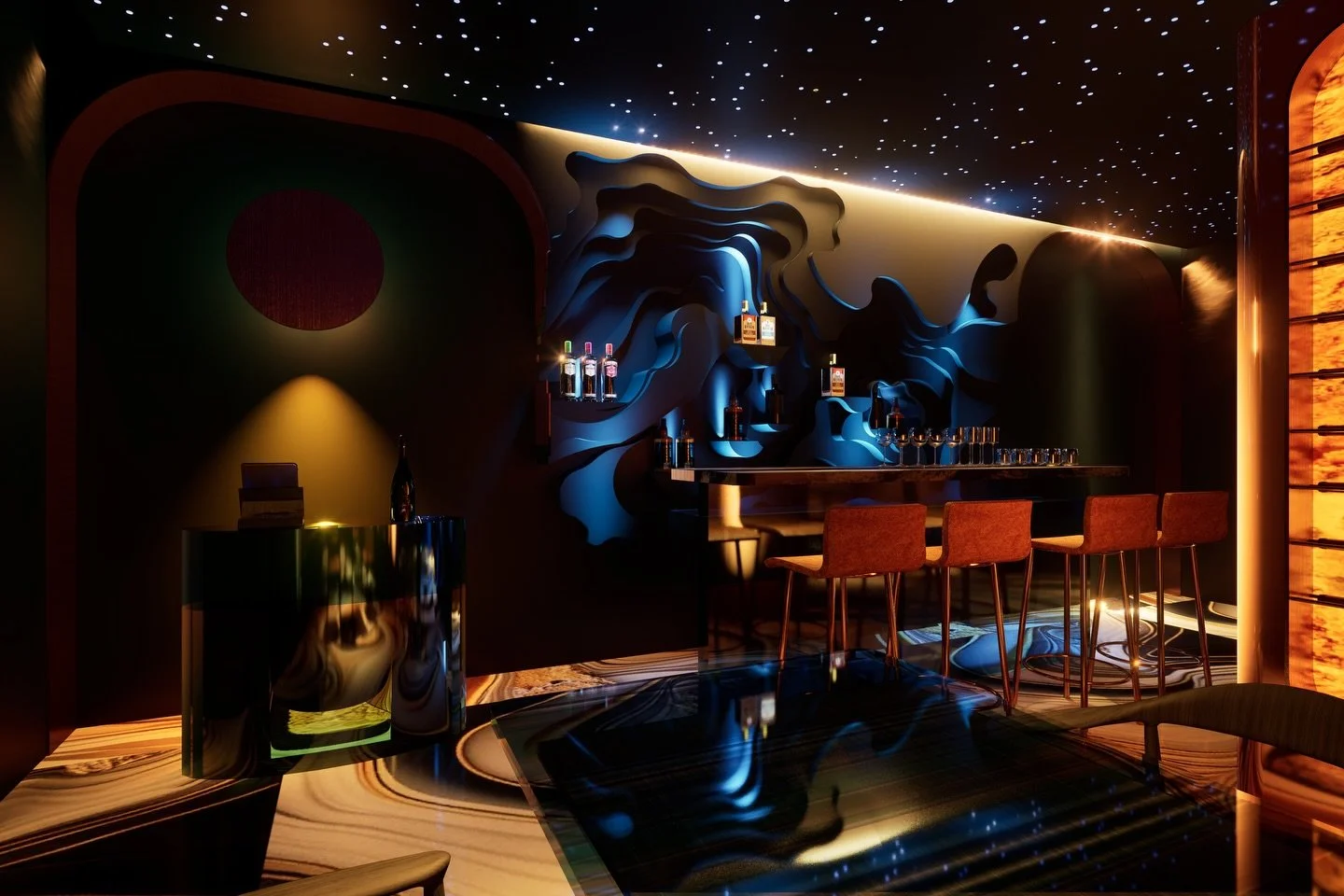 This bar at Bistro x Josh is a masterclass in atmospheric design, blending organic fluidity with a celestial, late-night aesthetic. It serves as a sophisticated sanctuary where time seems to suspended&mdash;perfect for those quiet moments of anticipa