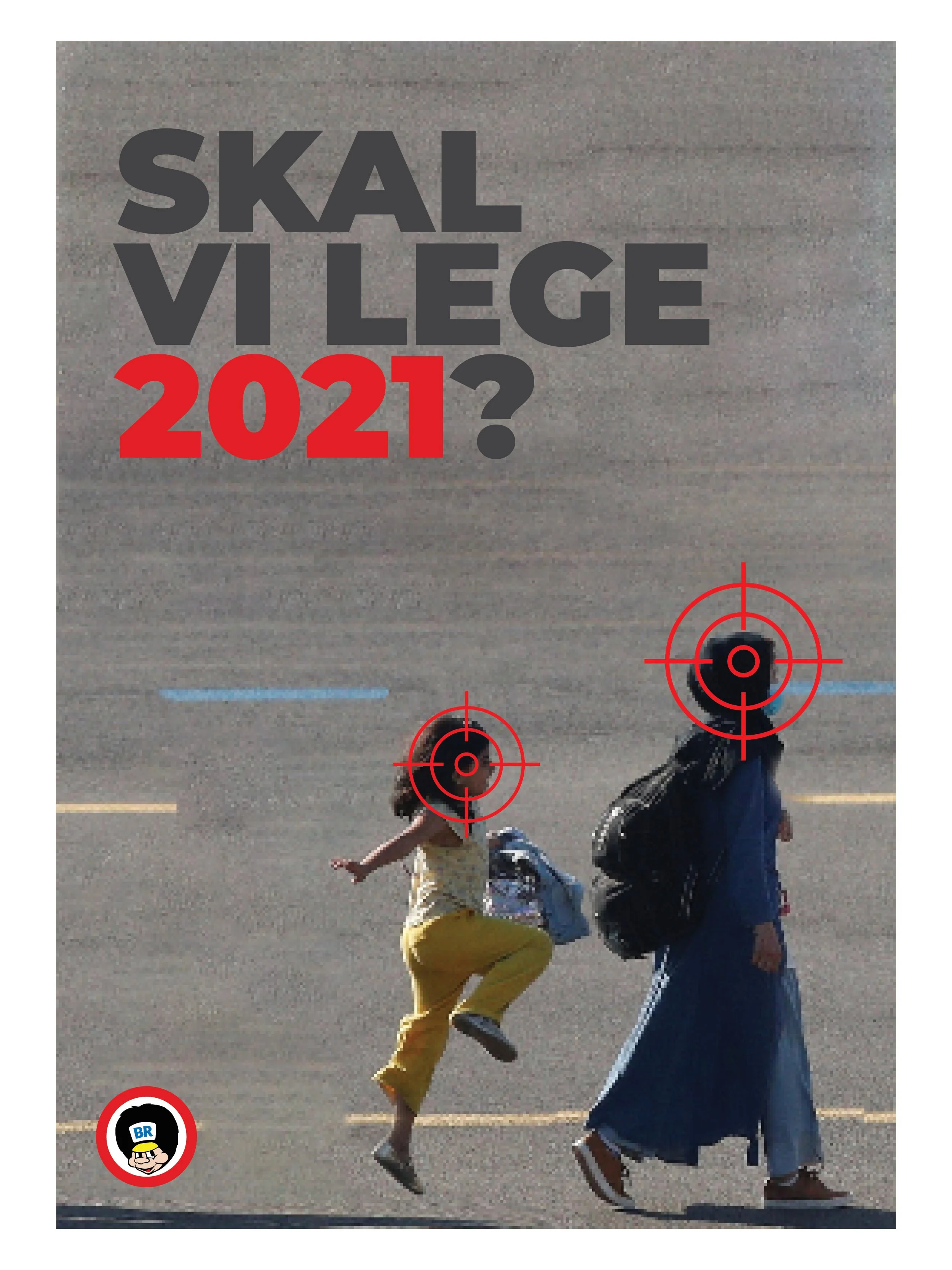 Cover of a publication with the title 'Skal vi lege 2021?' in large black and red letters, featuring two children crossing the street, one jumping and the other walking, with target symbols over their heads and a small circular logo at the bottom lef