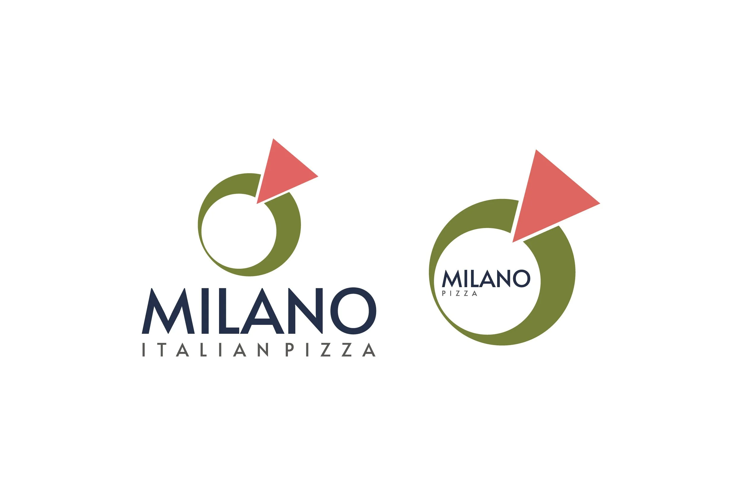 Two logos for Milano Italian Pizza featuring a green circle with a pink triangular flag on top and the text 'Milano' and 'Pizza' inside or below.