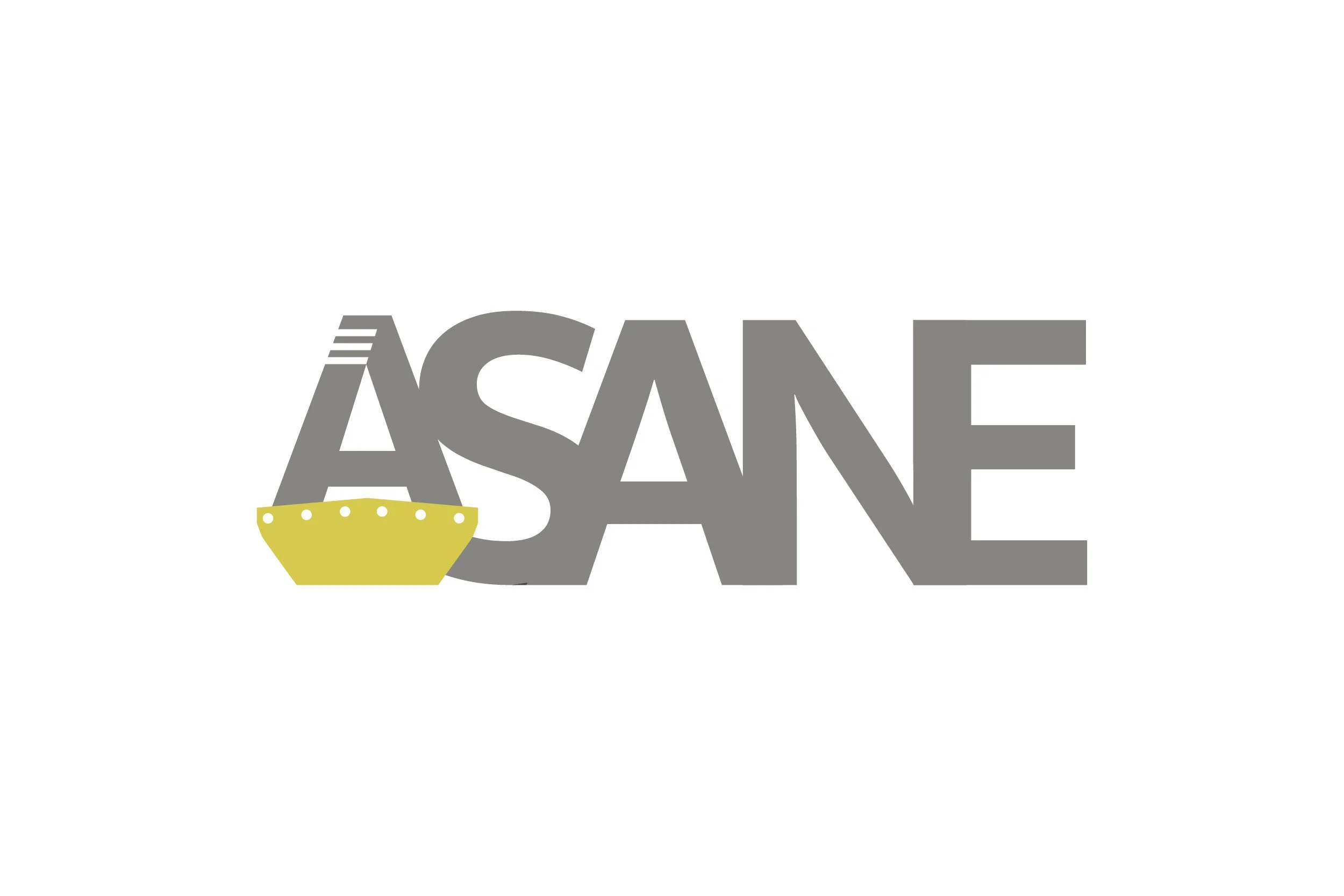 The word 'SANE' in large gray letters with a yellow bowl or dish replacing the 'A' in the word.