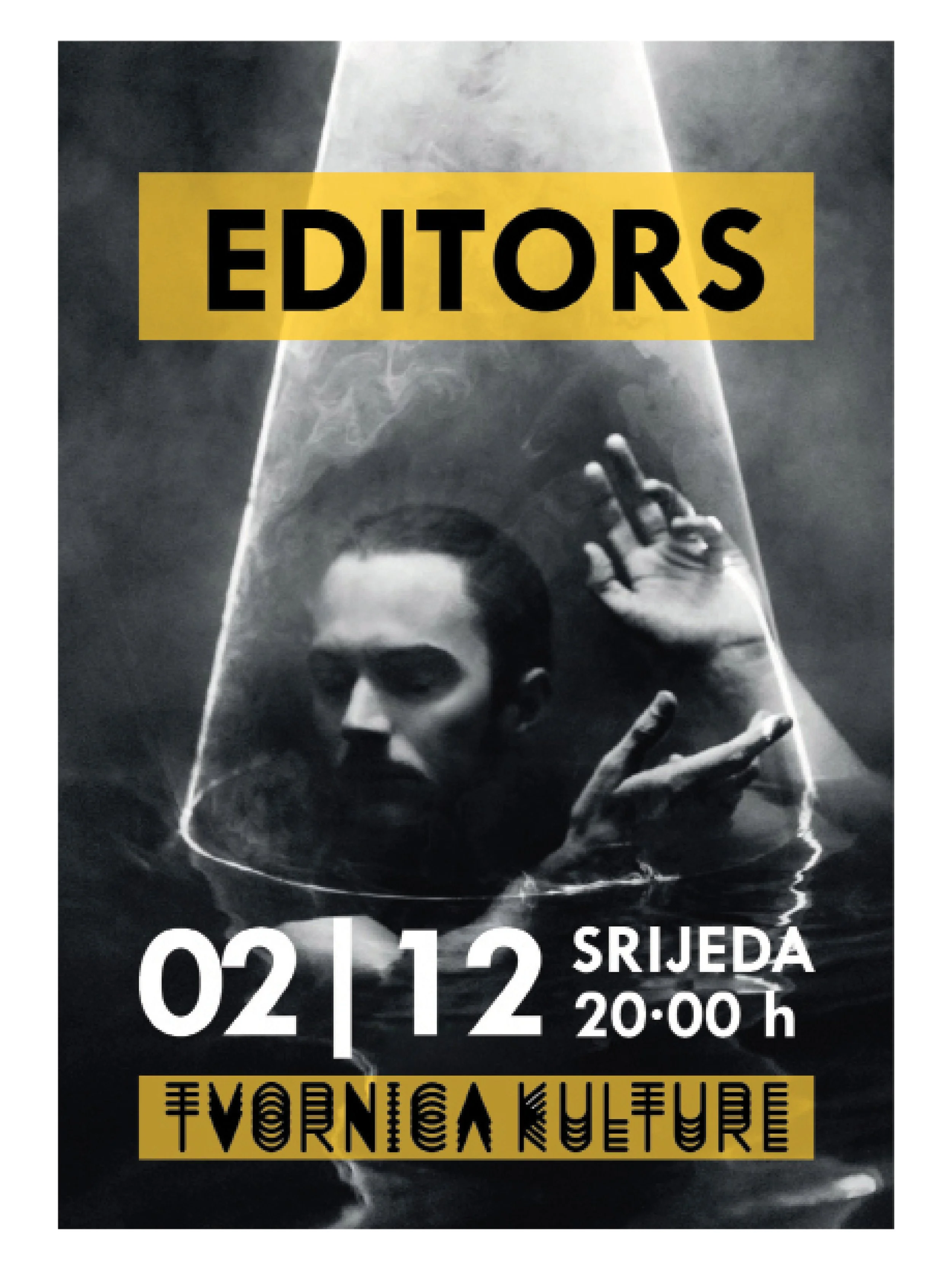 A promotional poster featuring a woman behind a glass with the word 'EDITORS' in bold black letters on a yellow background. The poster includes event details: date 02.12, Wednesday at 8:00 pm, and the name 'FORNICA KYTUE' at the bottom.
