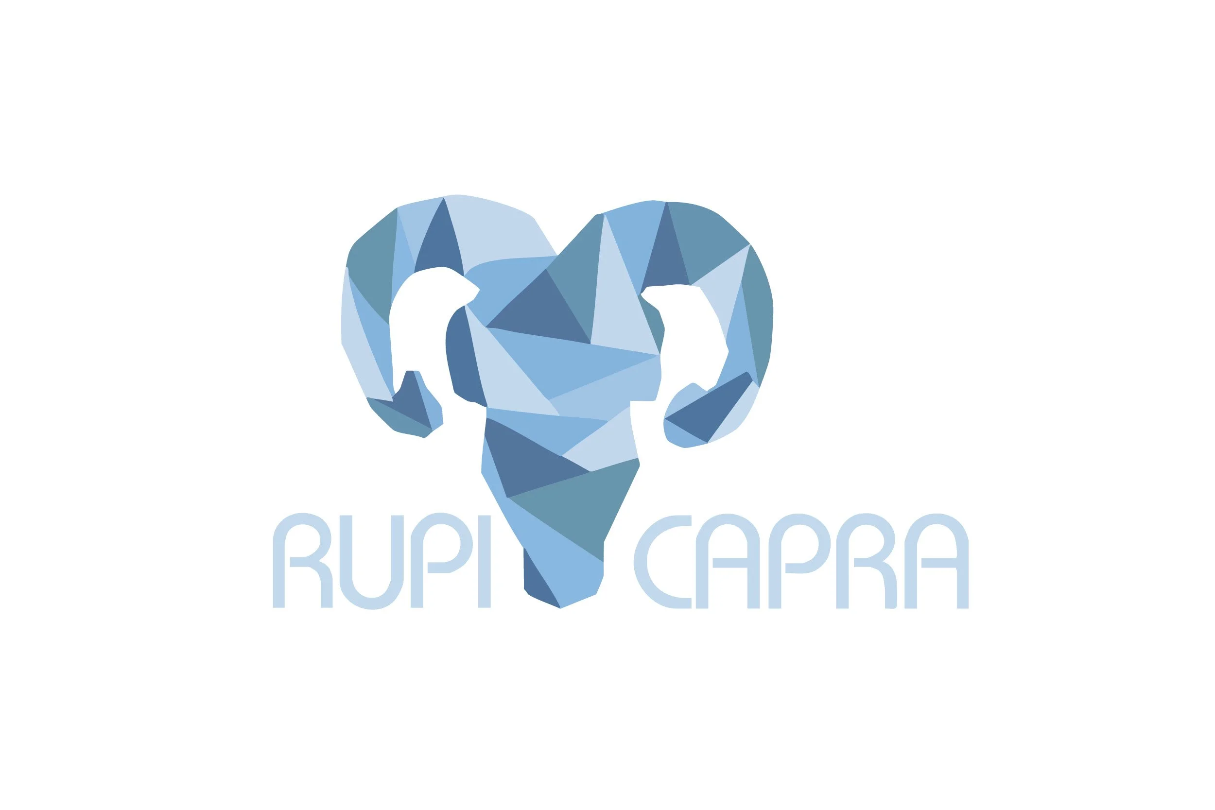 A geometric illustration of a ram's head in various shades of blue with the words 'RUPI CAPRA' below.